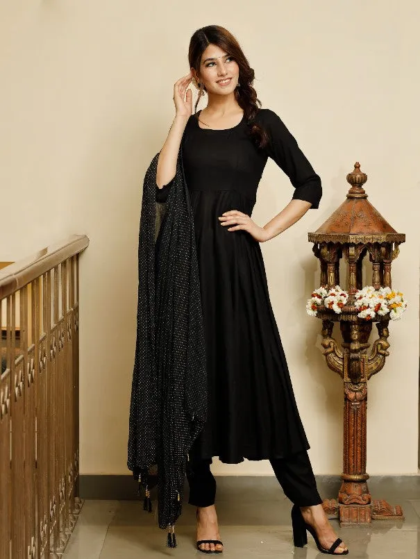 Jet Black Gold Dotted Rayon Anarkali Kurta Set (Set of 3)