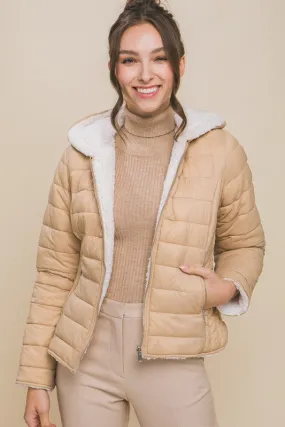 Khaki Reversible Faux Sherpa Fleece Puffer Hooded Jacket