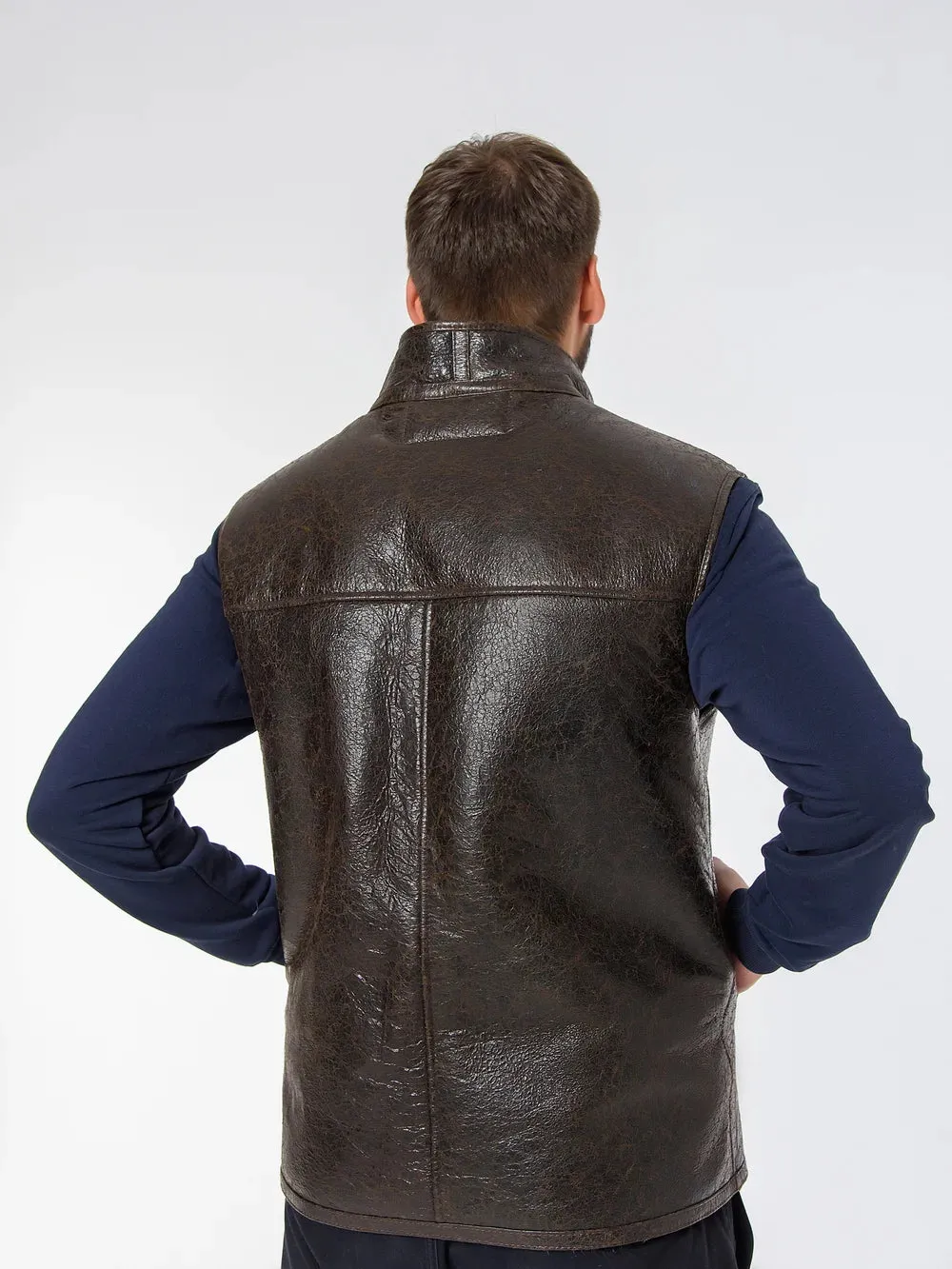 Khaki Sheepskin Shearling Vest with Special Spray Coating with Front-Zip Pocket