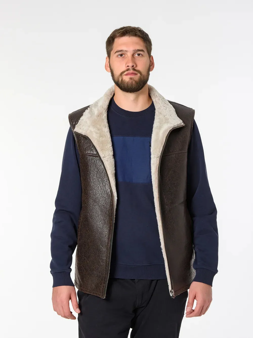 Khaki Sheepskin Shearling Vest with Special Spray Coating with Front-Zip Pocket