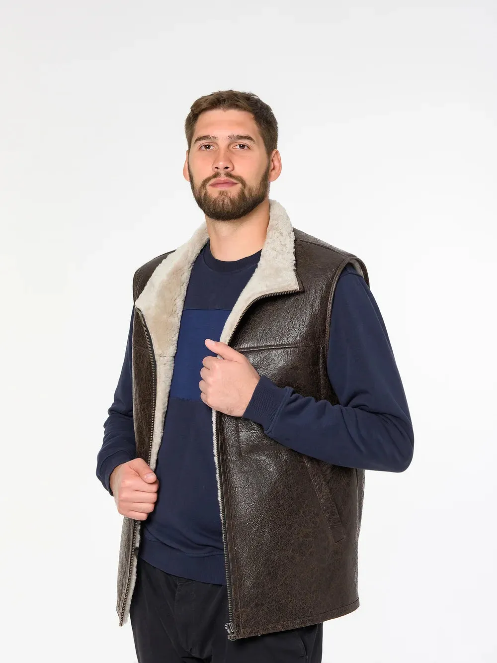 Khaki Sheepskin Shearling Vest with Special Spray Coating with Front-Zip Pocket