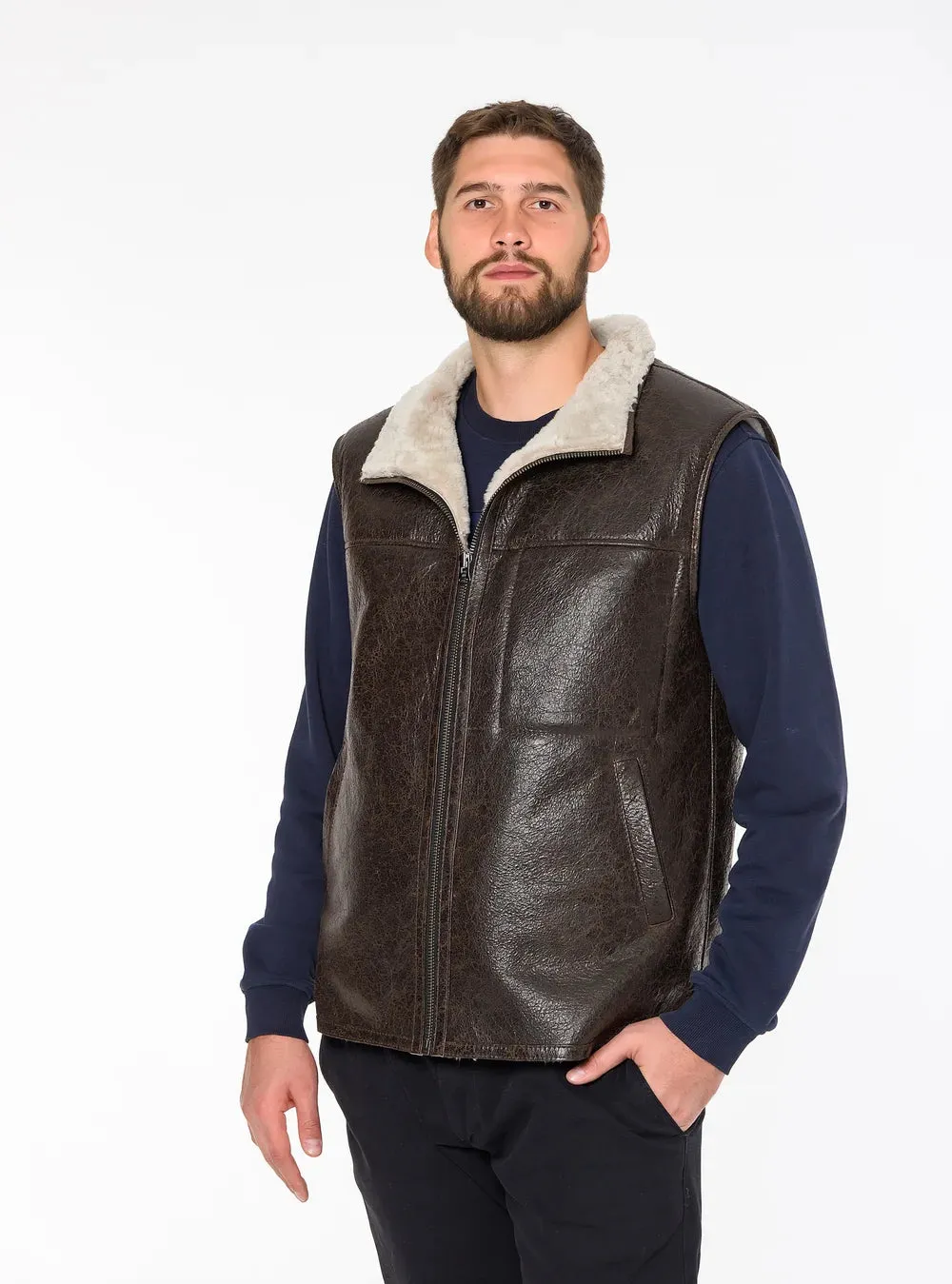 Khaki Sheepskin Shearling Vest with Special Spray Coating with Front-Zip Pocket