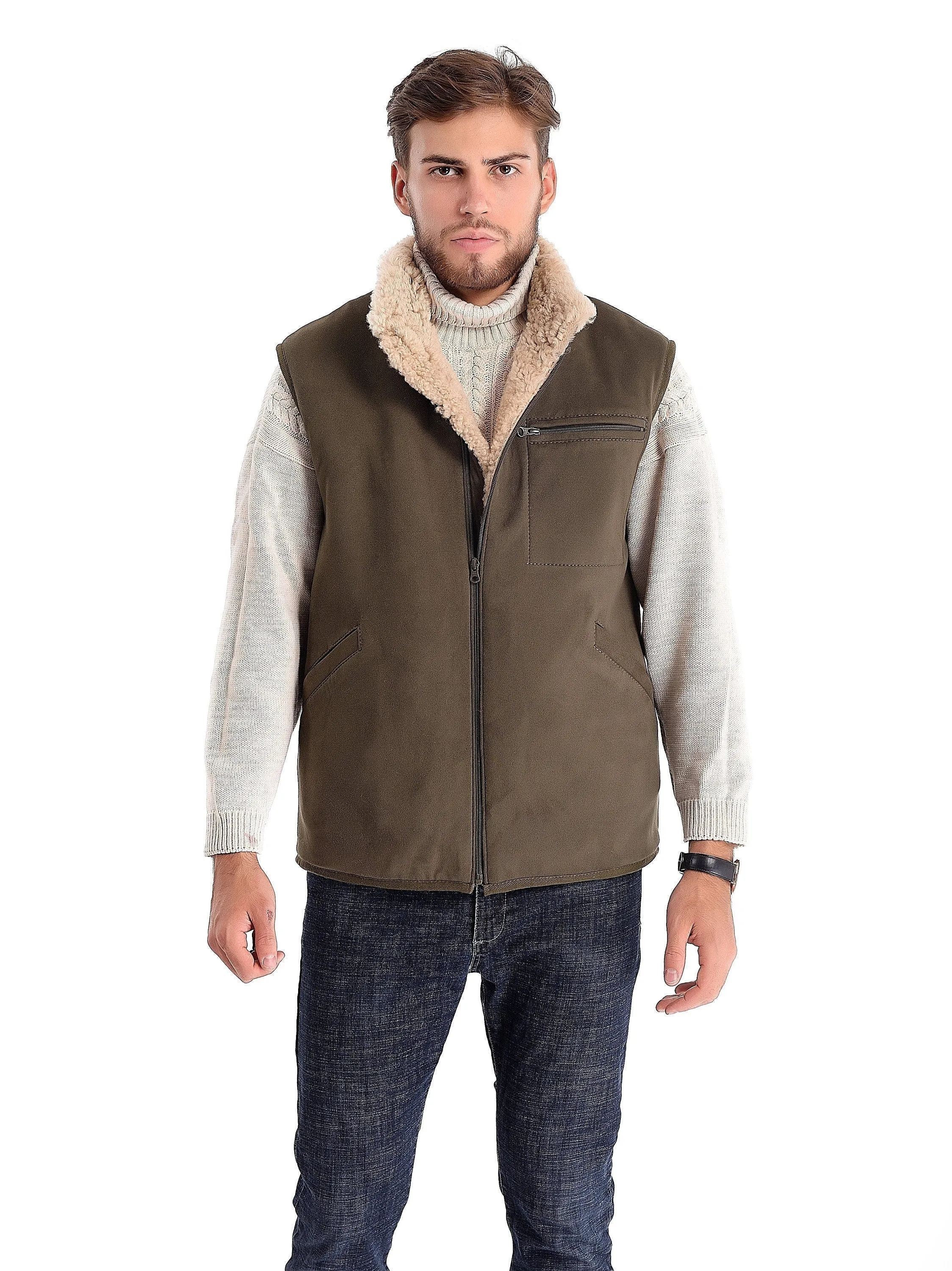 Khaki Sheepskin Vest with Front Zip Pocket and Fur Lining