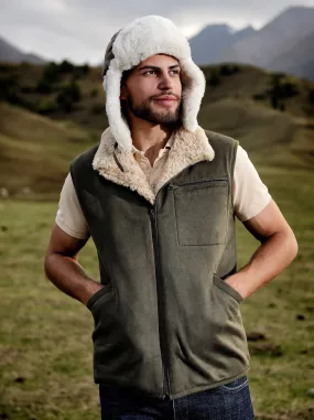 Khaki Sheepskin Vest with Front Zip Pocket and Fur Lining