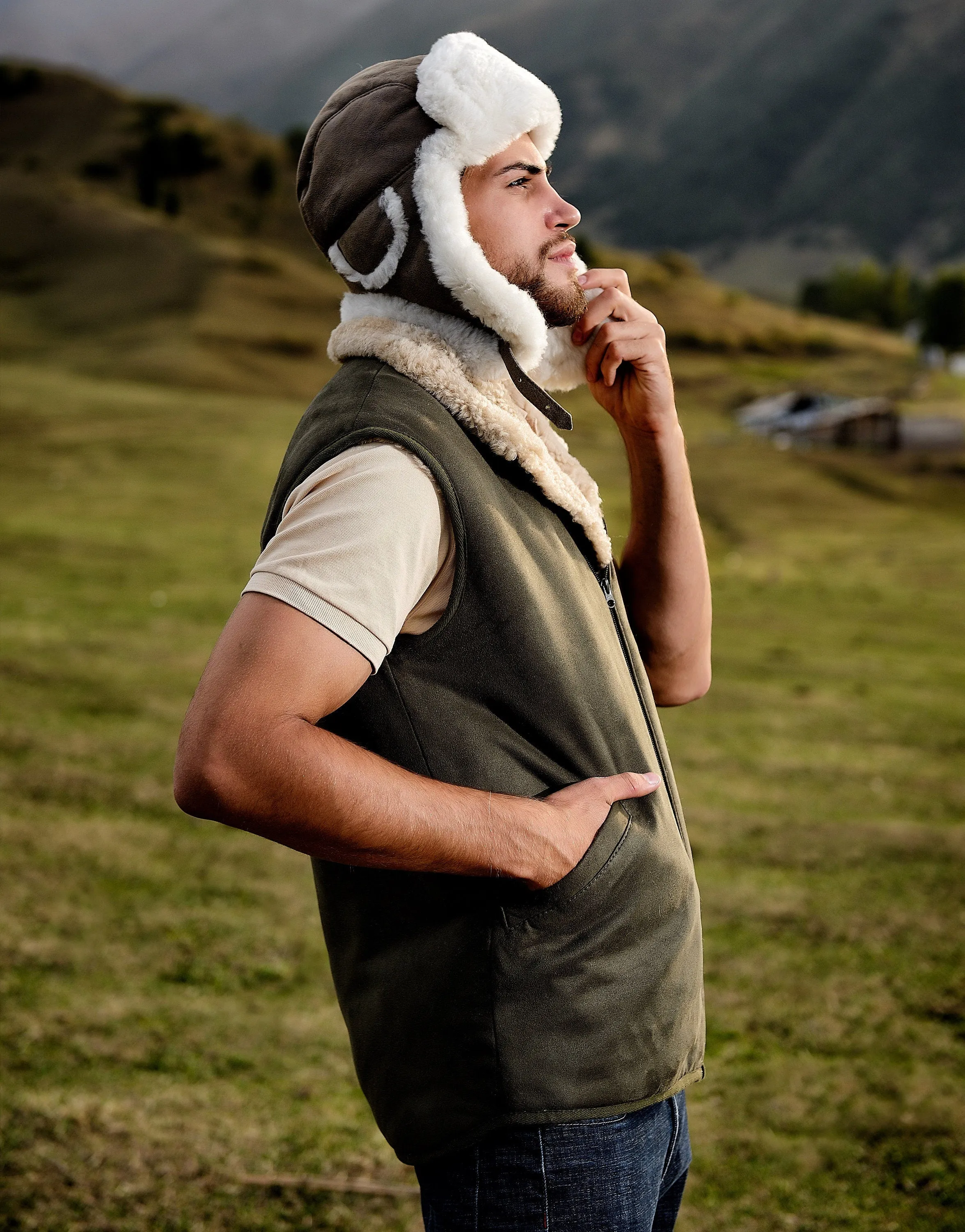 Khaki Sheepskin Vest with Front Zip Pocket and Fur Lining