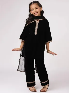 Kids Black Solid Velvet Straight Kurta With Palazzos & Dupatta