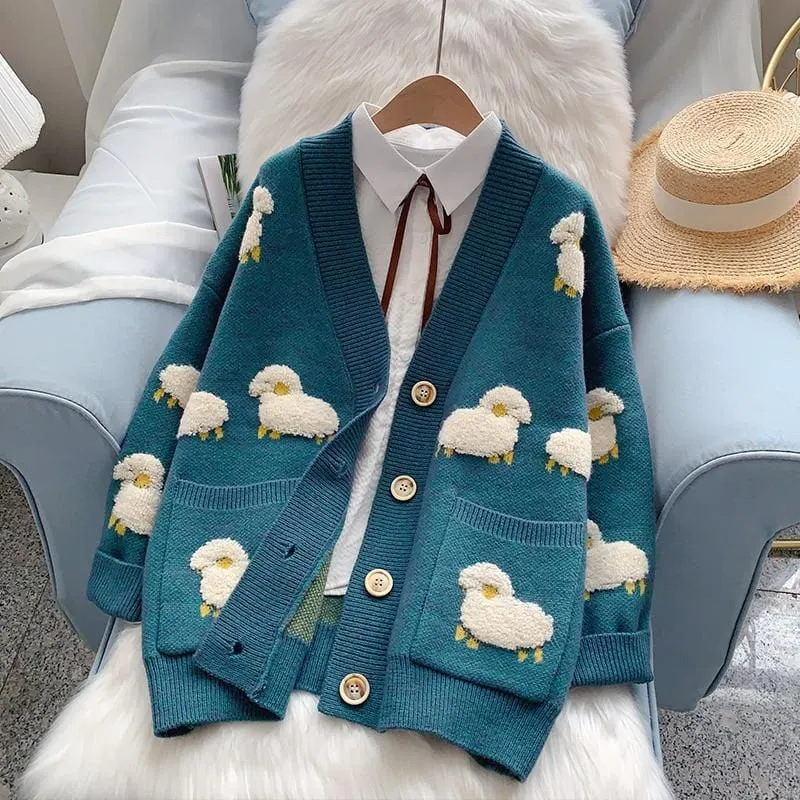 Knitted Sheep Print Cardigan