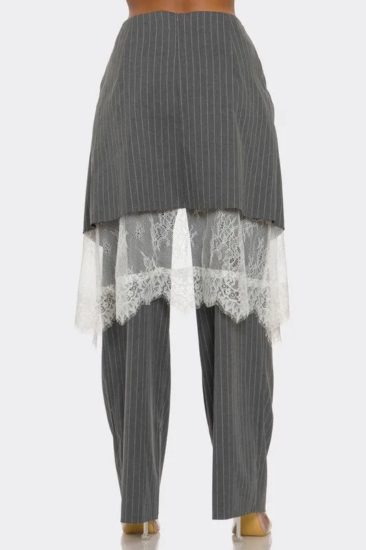 Lace-Layered Pinstripe Pant Set