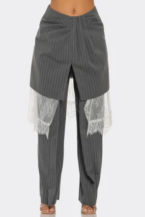 Lace-Layered Pinstripe Pant Set