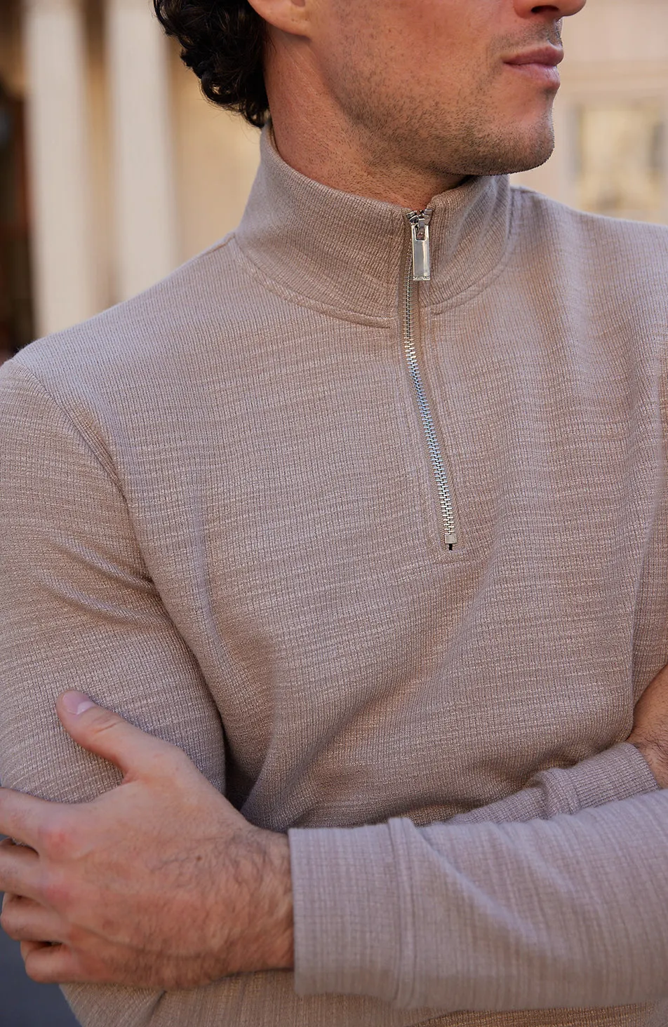 Leandre Regular Premium Textured Quarter Zip Knit in Taupe