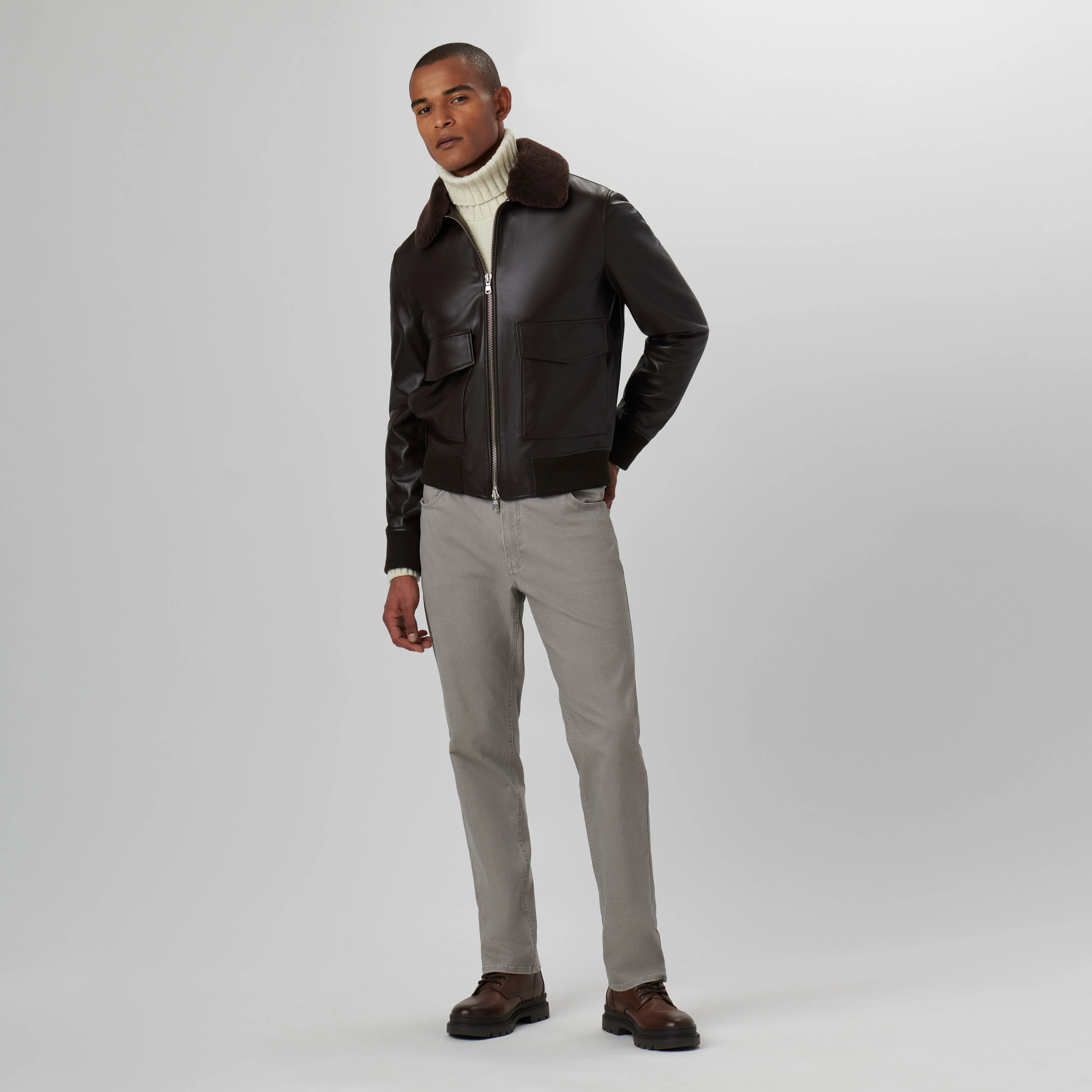 Leather Bomber Jacket with Removable Shearling Collar