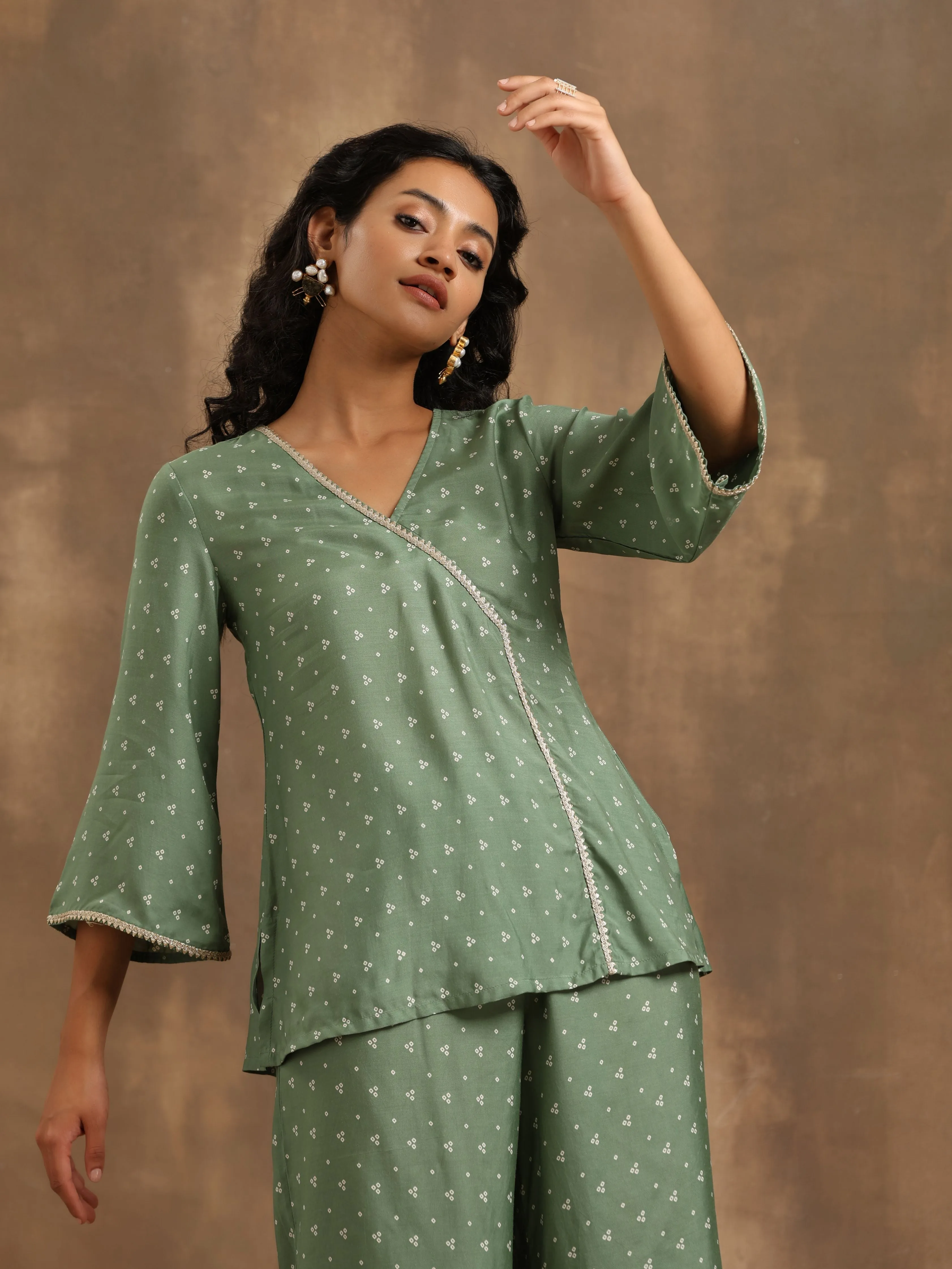 Light Green Bandhani Printed Silk Co-Ord Set