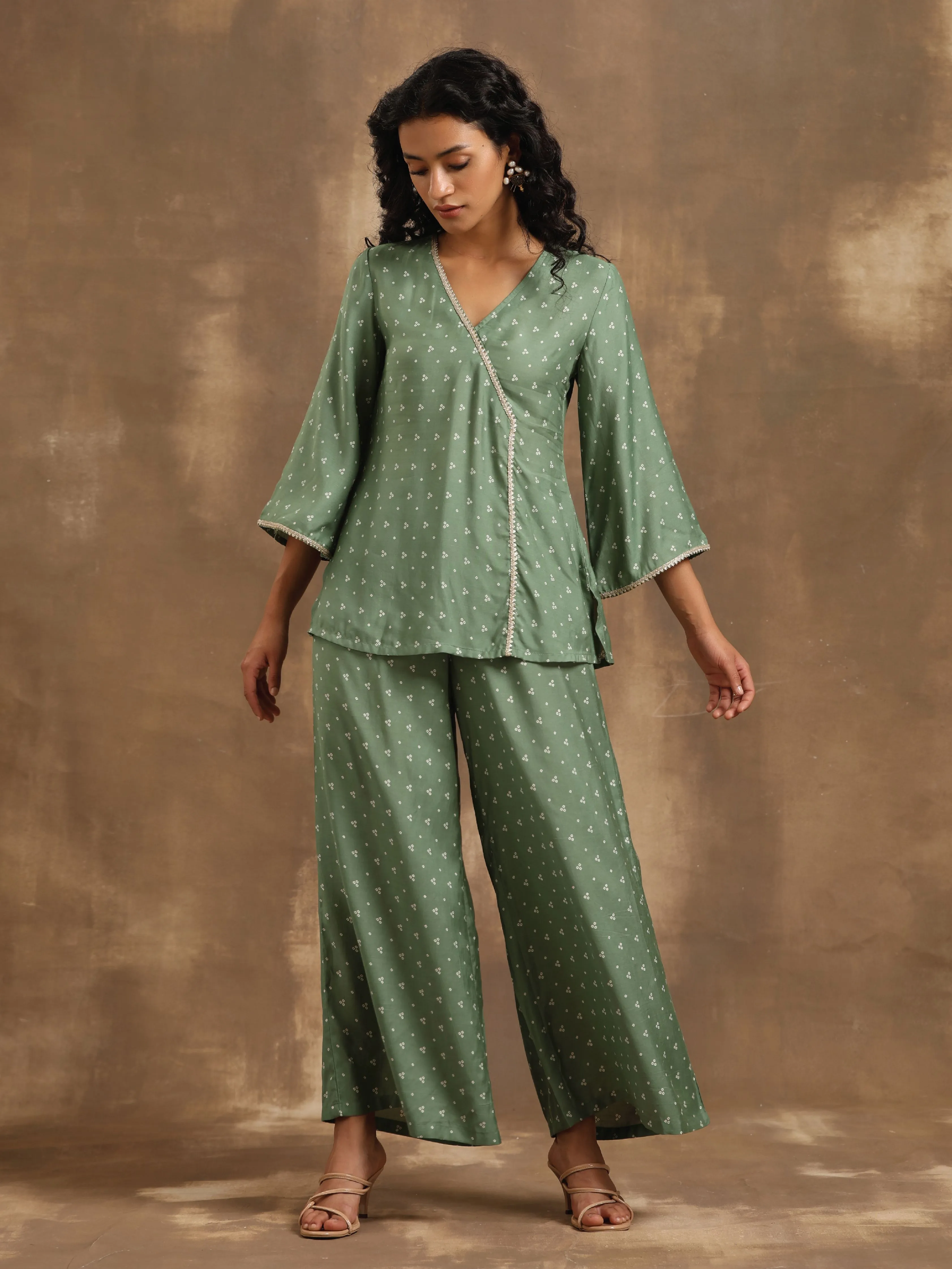 Light Green Bandhani Printed Silk Co-Ord Set