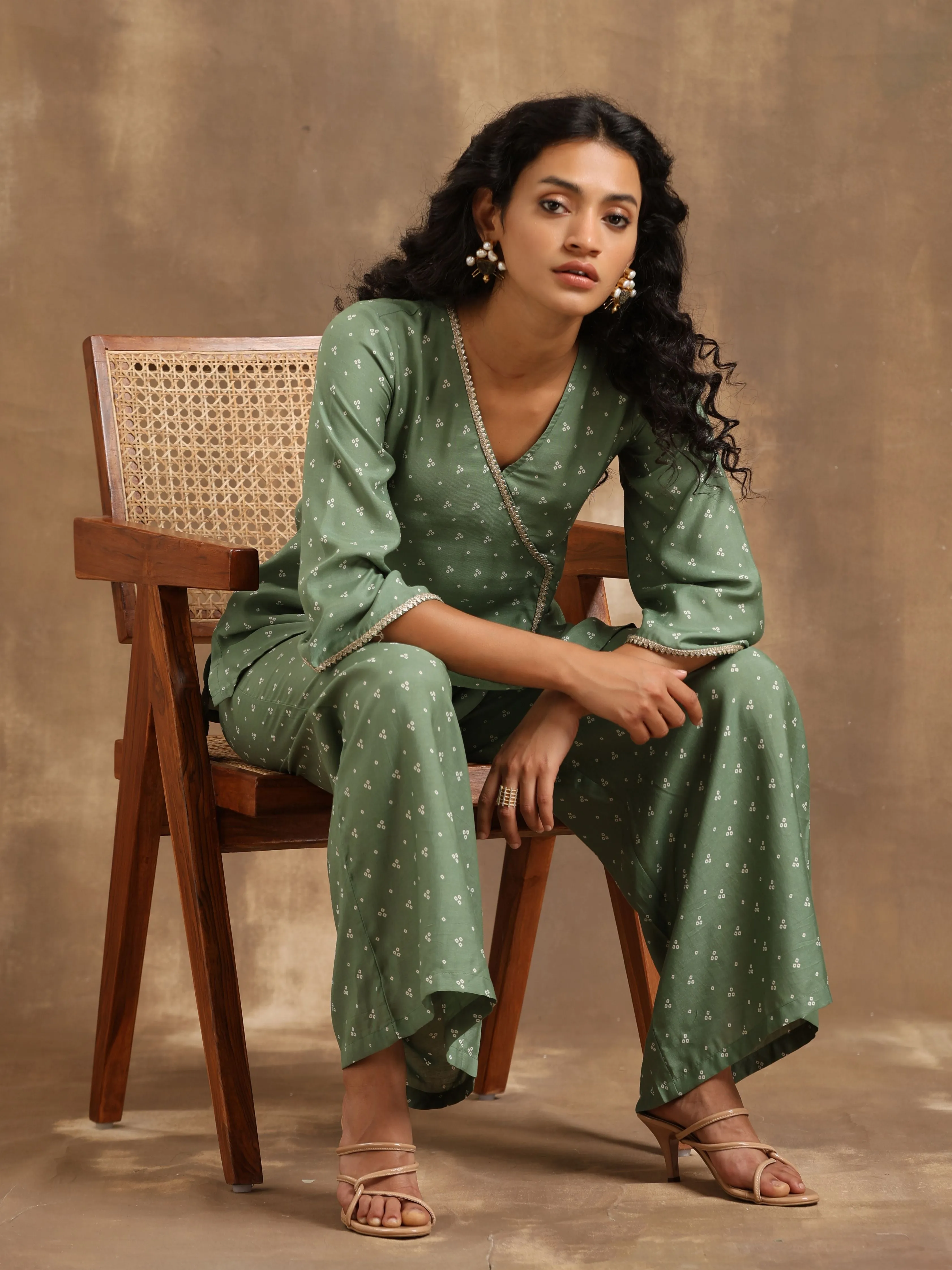 Light Green Bandhani Printed Silk Co-Ord Set