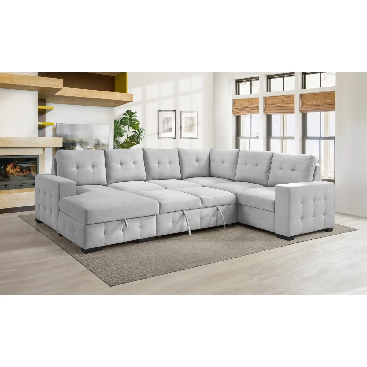 Light Grey 4-Piece Sectional with Pullout Bed & Storage Chaise