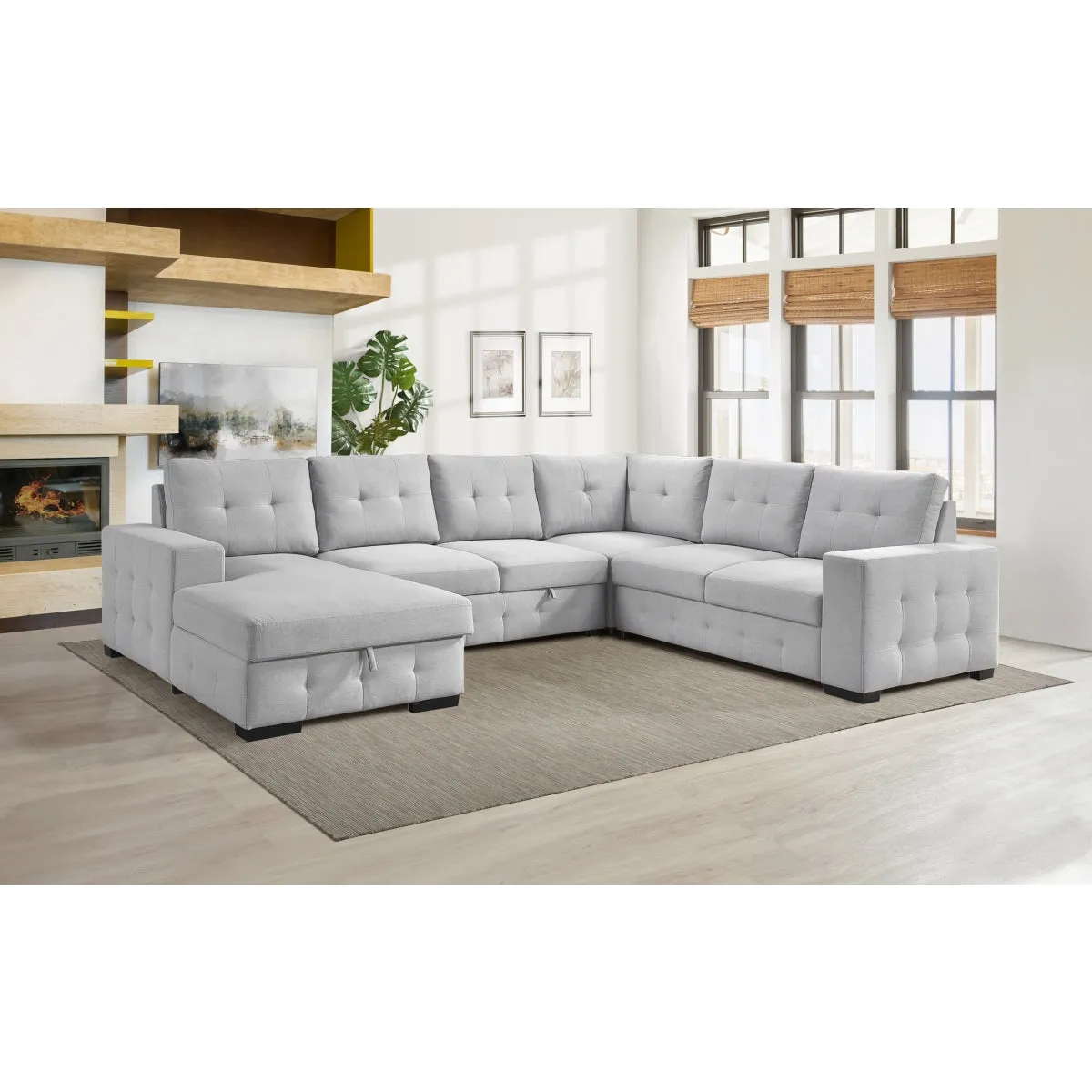 Light Grey 4-Piece Sectional with Pullout Bed & Storage Chaise