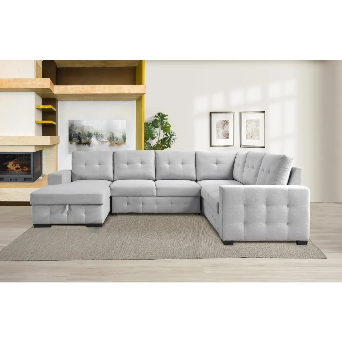 Light Grey 4-Piece Sectional with Pullout Bed & Storage Chaise