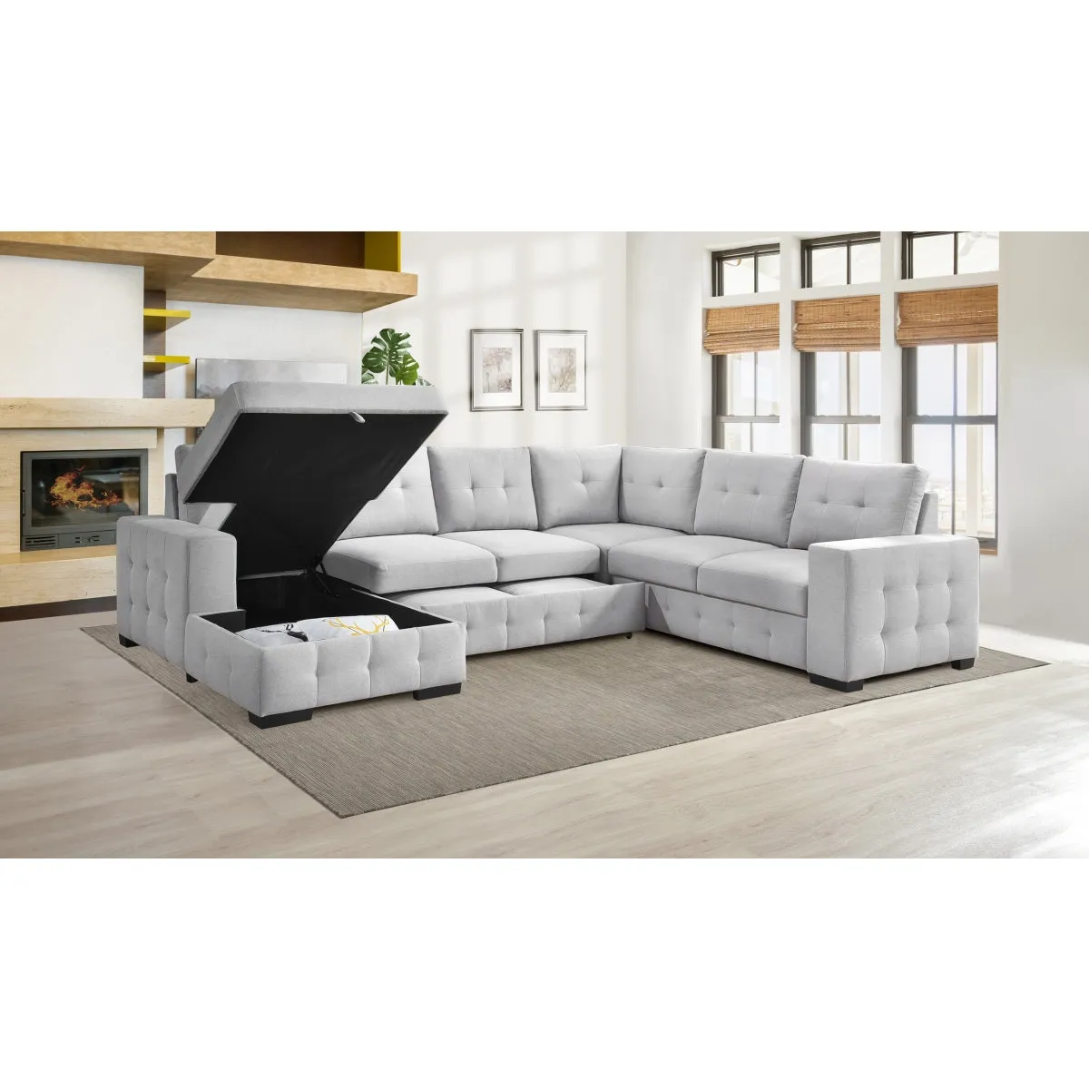 Light Grey 4-Piece Sectional with Pullout Bed & Storage Chaise