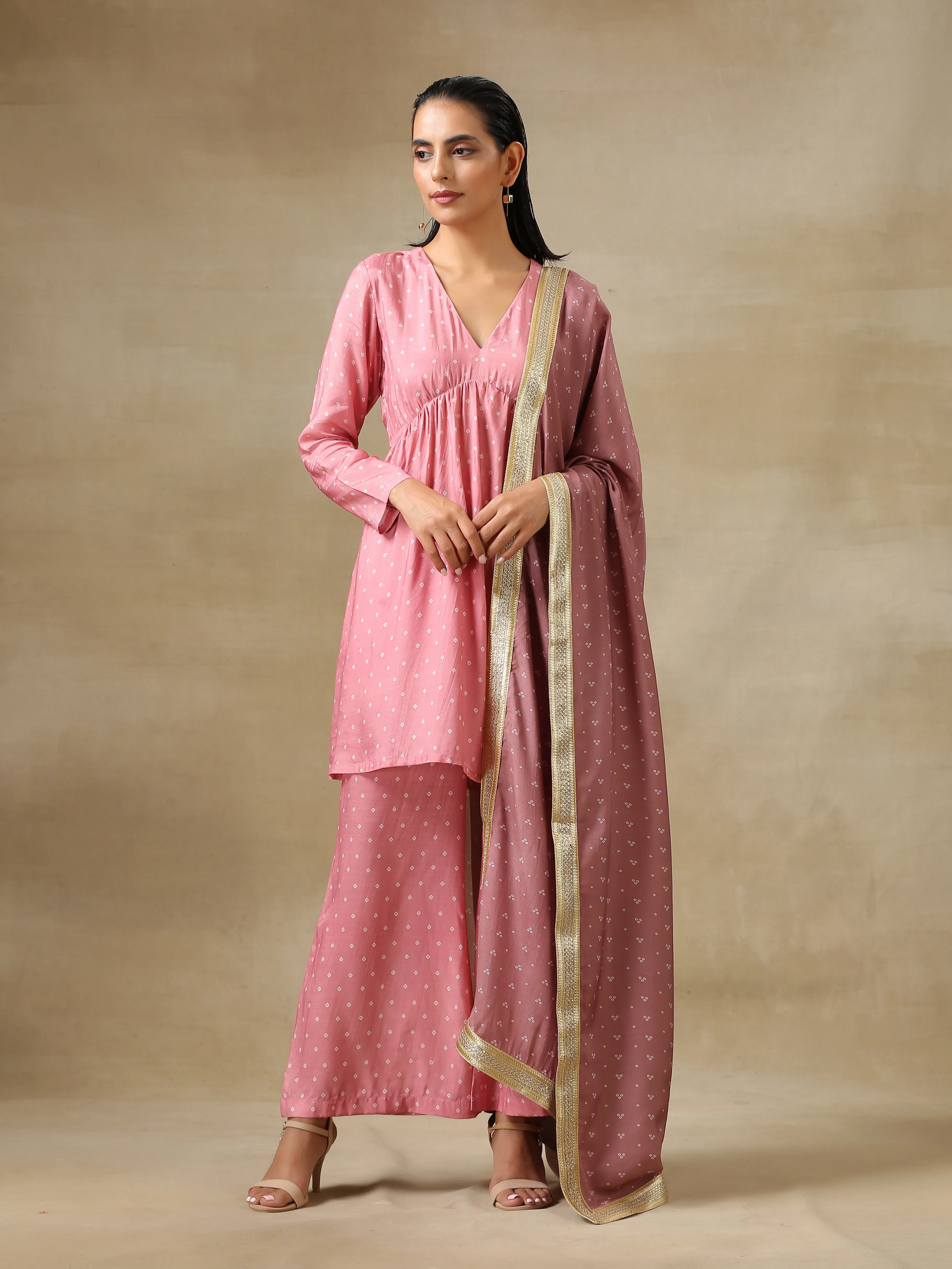 Light Mauve Bandhani Printed Silk Flared Kurta Pant Dupatta Set