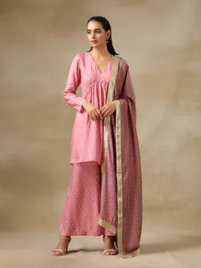 Light Mauve Bandhani Printed Silk Flared Kurta Pant Dupatta Set