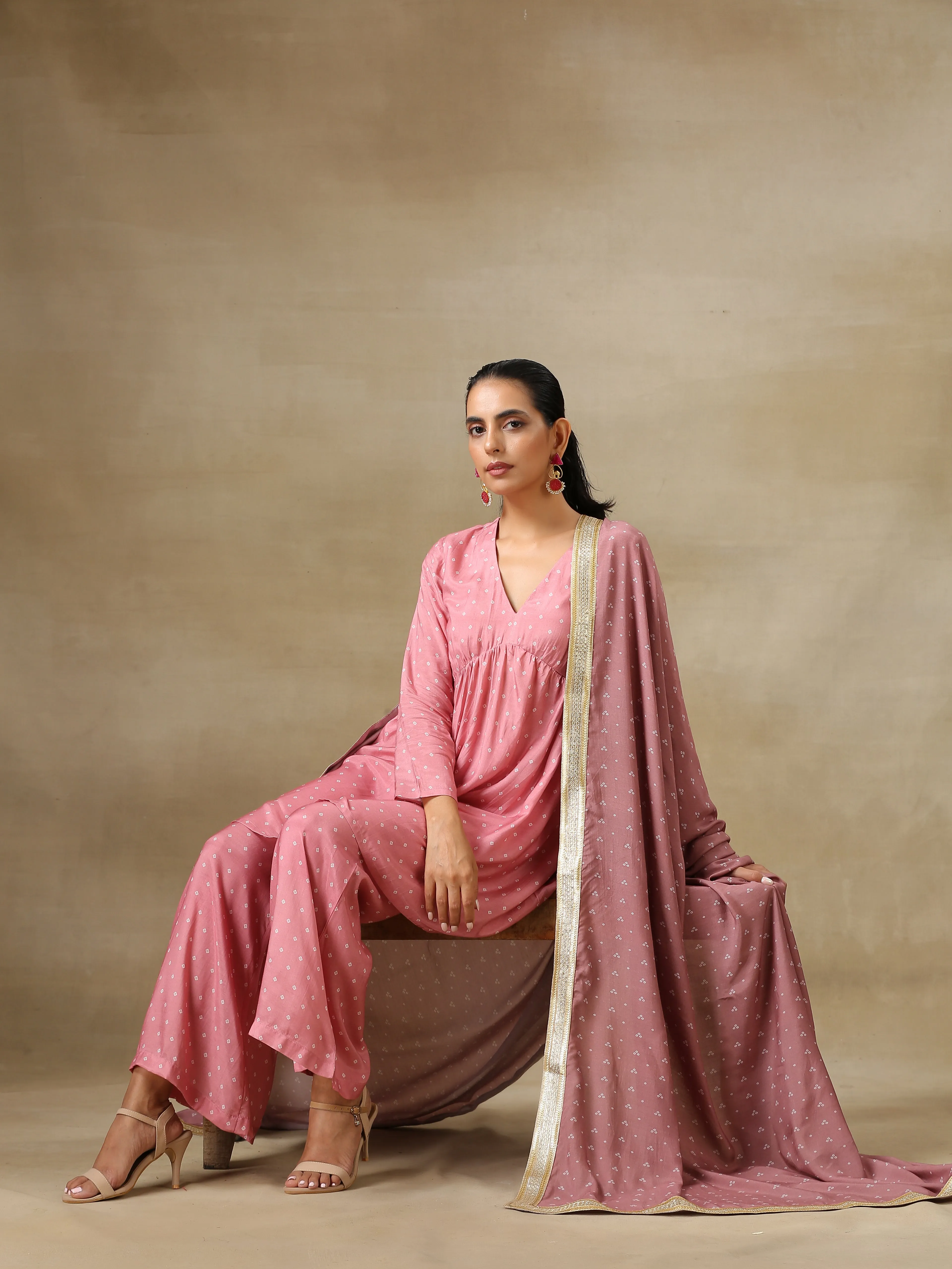 Light Mauve Bandhani Printed Silk Flared Kurta Pant Dupatta Set