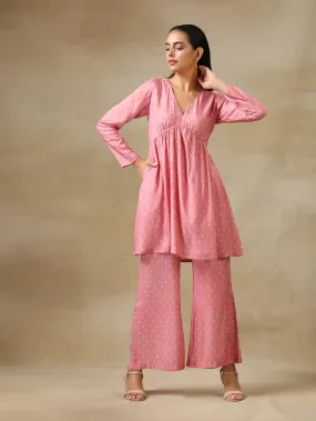 Light Mauve Bandhani Printed Silk Flared Kurta Pant Set