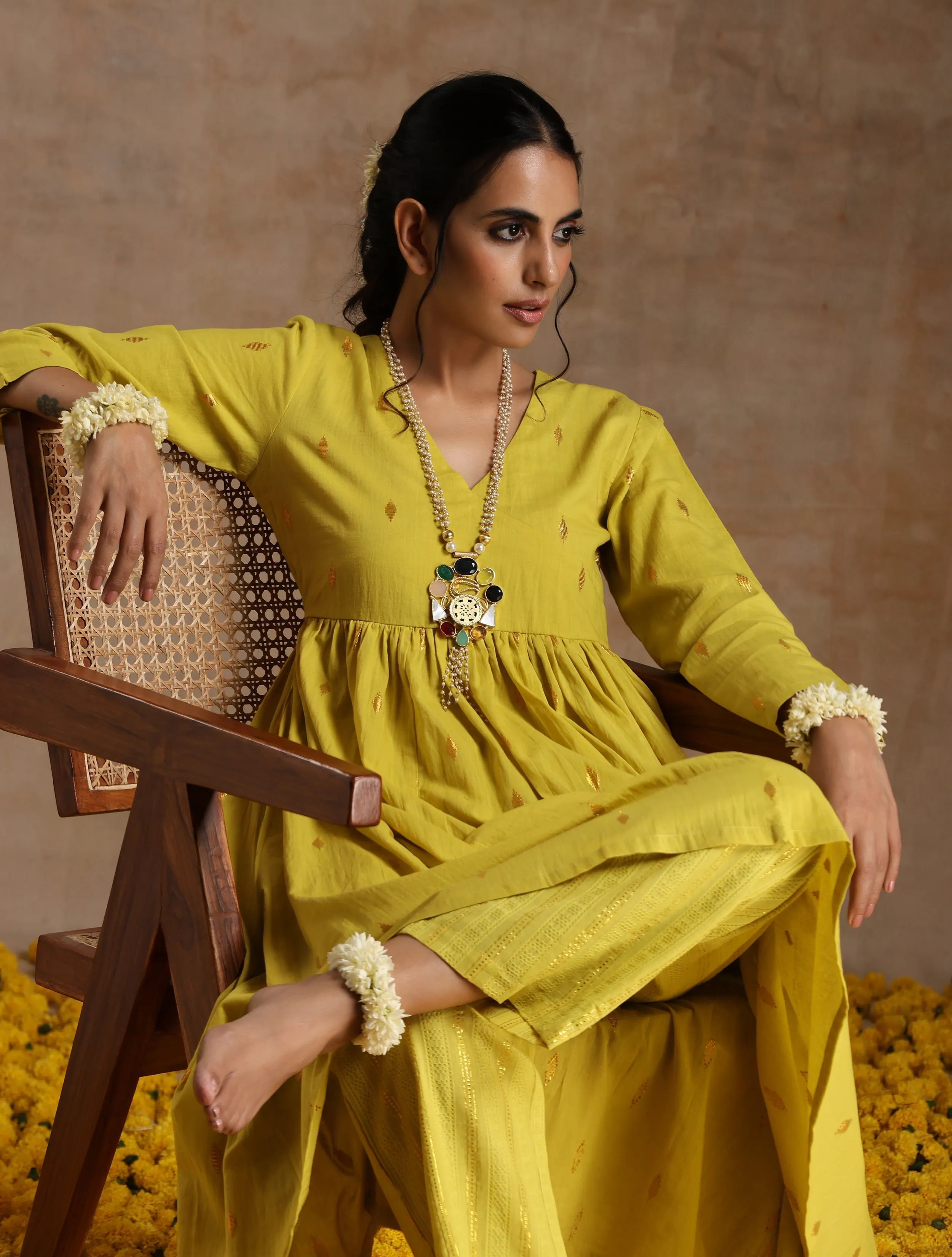 Lime Gold Cotton Kalidar Kurta Set