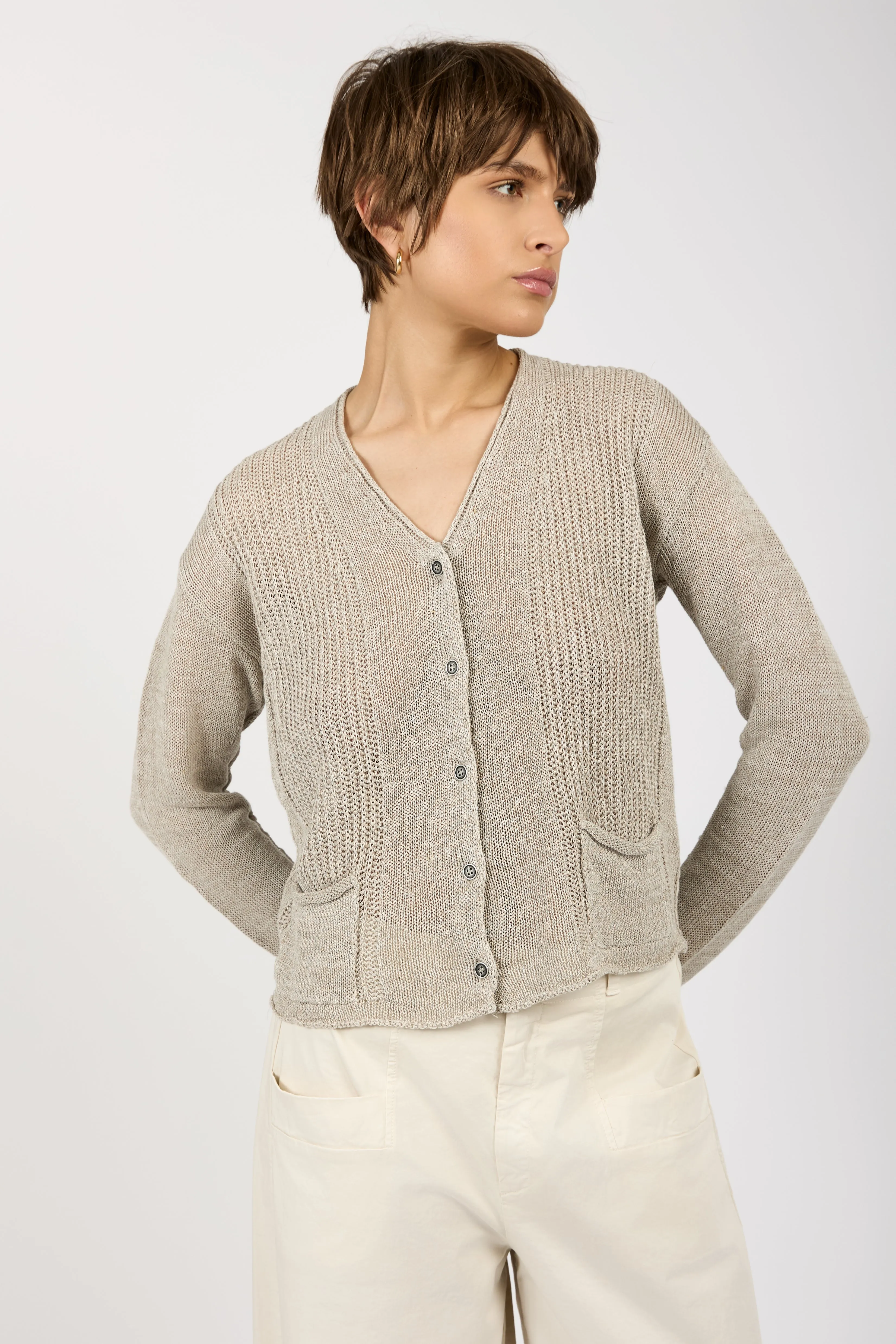 Linen and Cotton Knit Cardigan in Pearl Grey