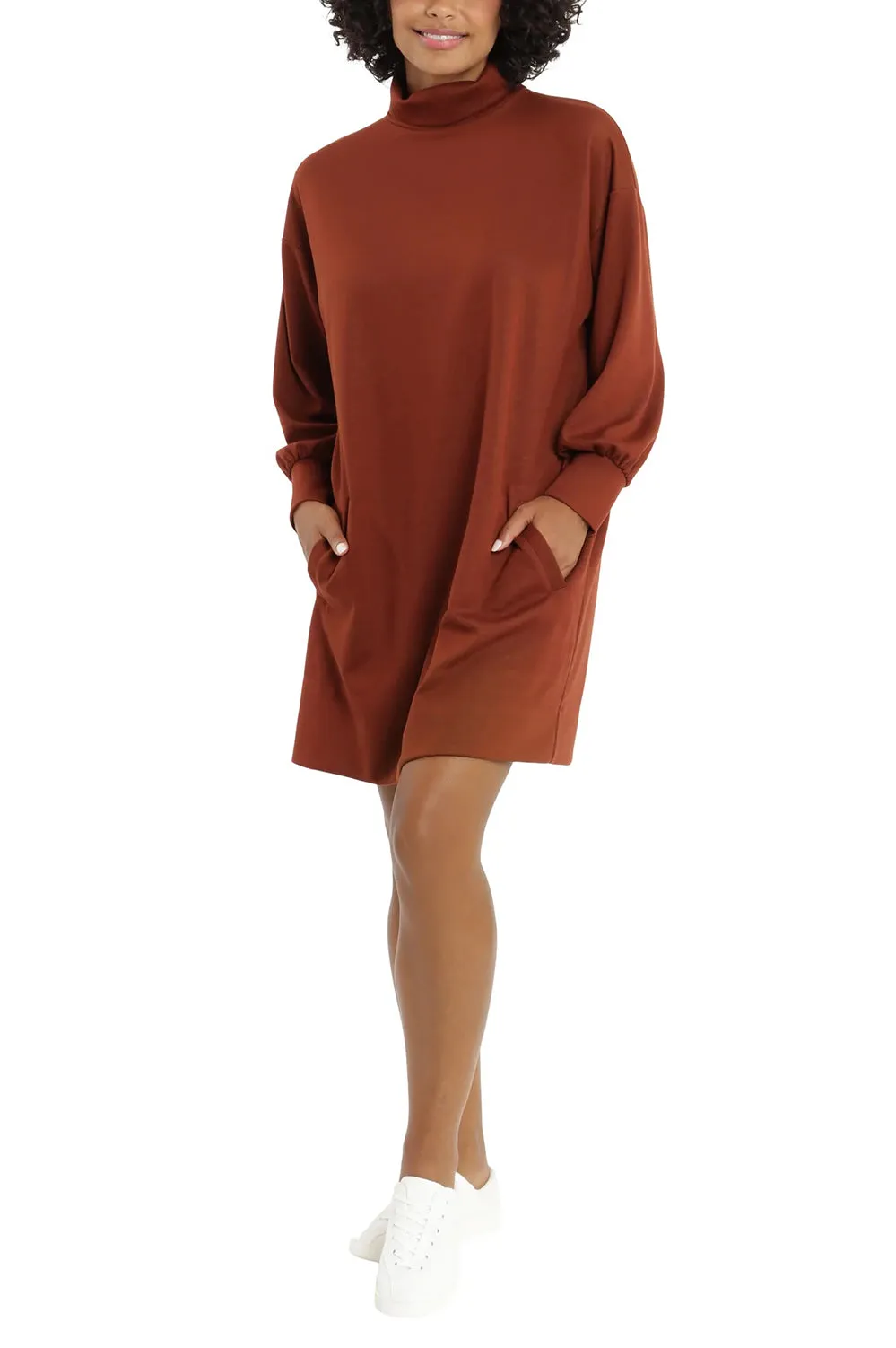 London Times Turtle Neck Long Sleeve Side Pockets Short Knit Dress