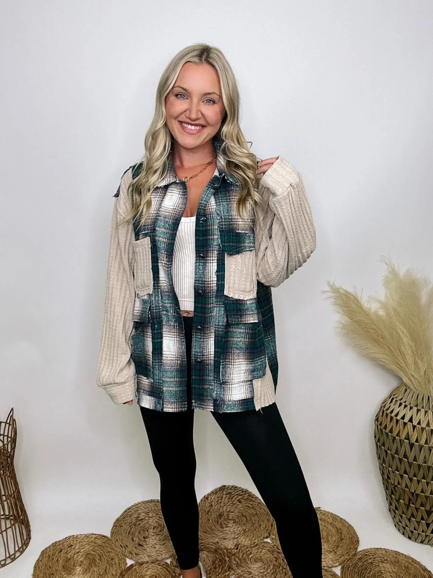 Long Sleeve Oversized Knit and Plaid Patchwork Shacket Top by POL Clothing