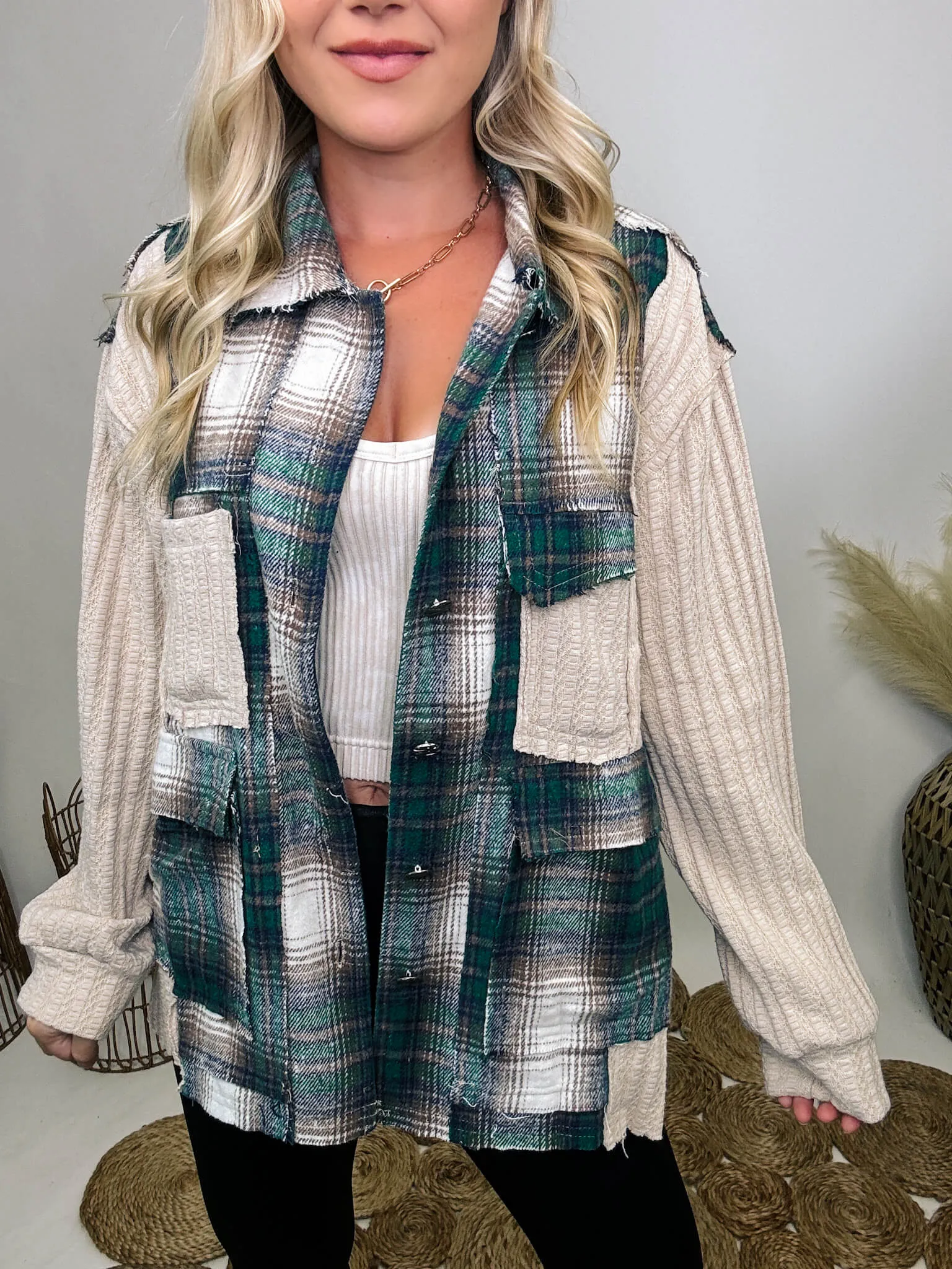 Long Sleeve Oversized Knit and Plaid Patchwork Shacket Top by POL Clothing