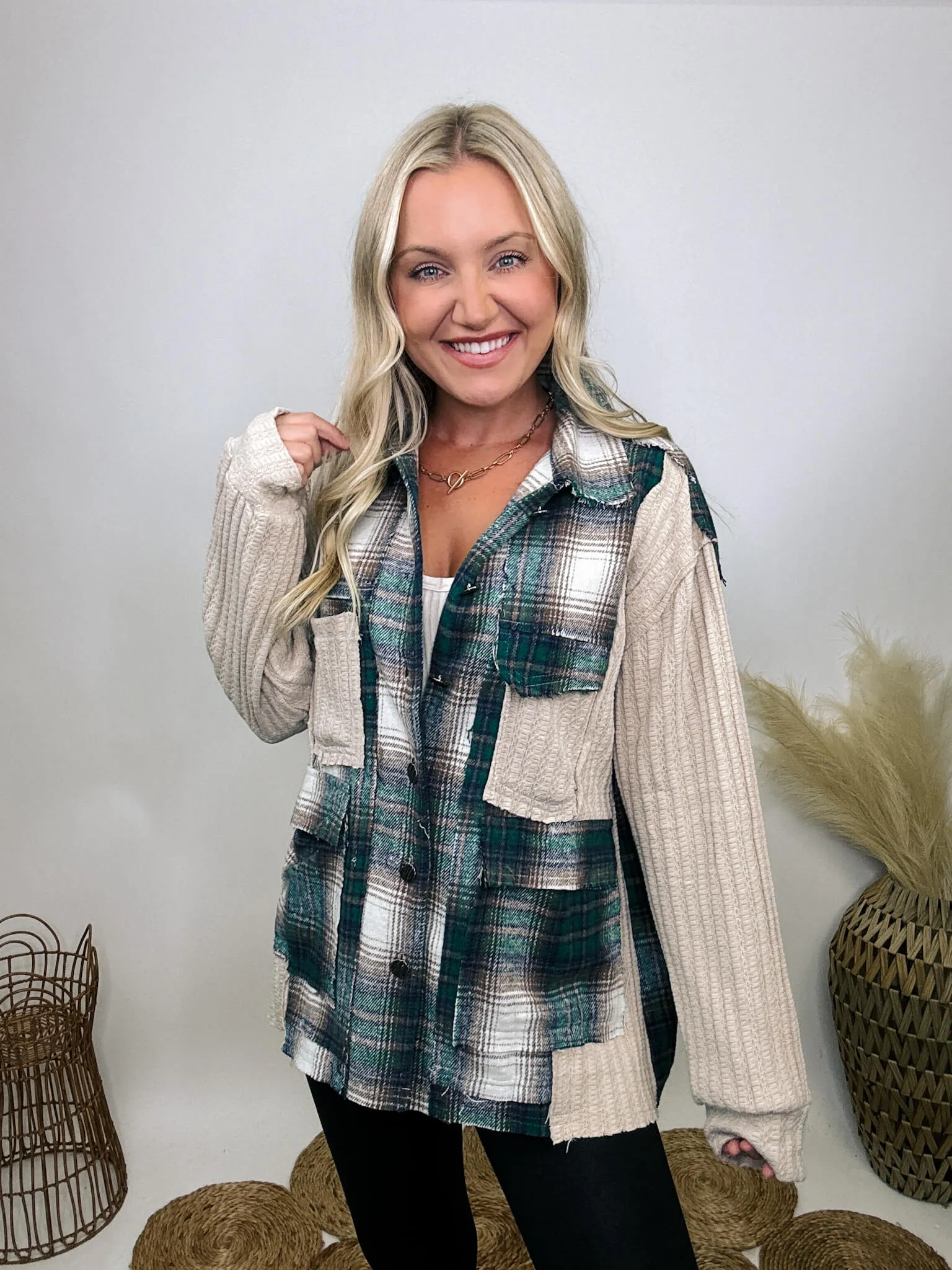 Long Sleeve Oversized Knit and Plaid Patchwork Shacket Top by POL Clothing