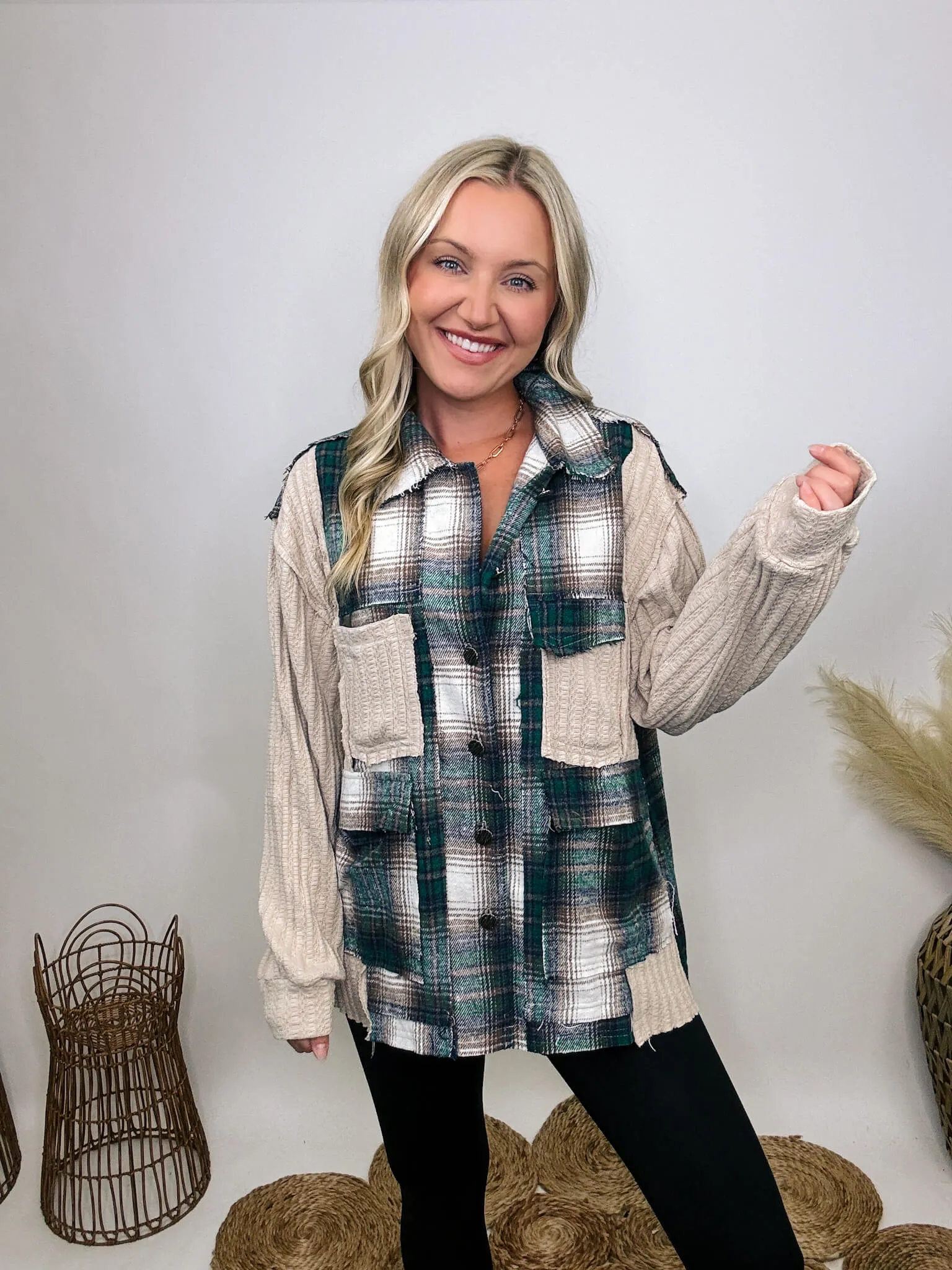 Long Sleeve Oversized Knit and Plaid Patchwork Shacket Top by POL Clothing