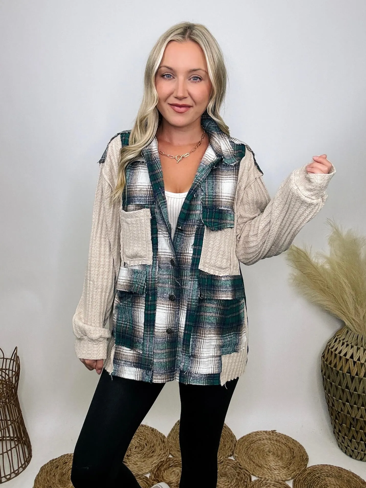 Long Sleeve Oversized Knit and Plaid Patchwork Shacket Top by POL Clothing