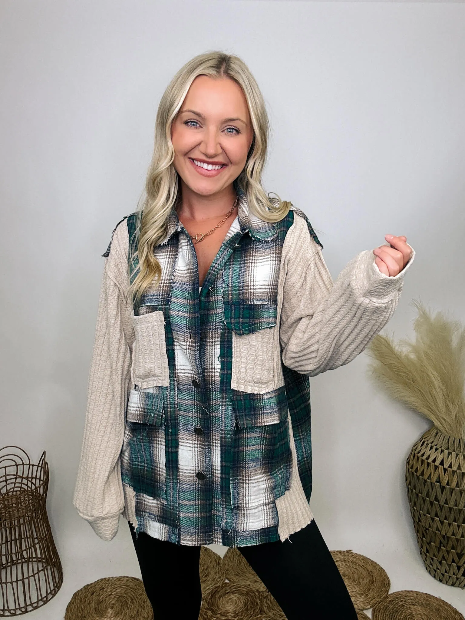 Long Sleeve Oversized Knit and Plaid Patchwork Shacket Top by POL Clothing