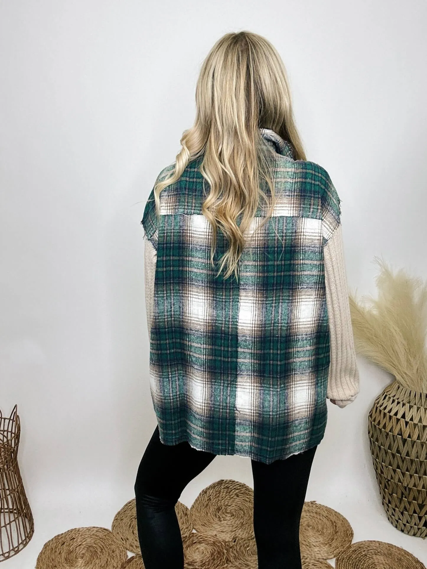 Long Sleeve Oversized Knit and Plaid Patchwork Shacket Top by POL Clothing