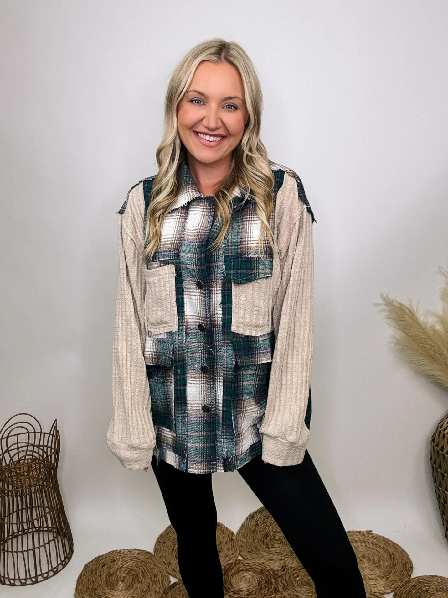 Long Sleeve Oversized Knit and Plaid Patchwork Shacket Top by POL Clothing