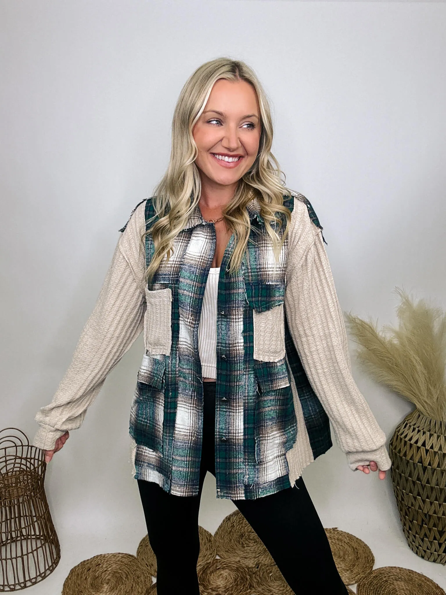 Long Sleeve Oversized Knit and Plaid Patchwork Shacket Top by POL Clothing