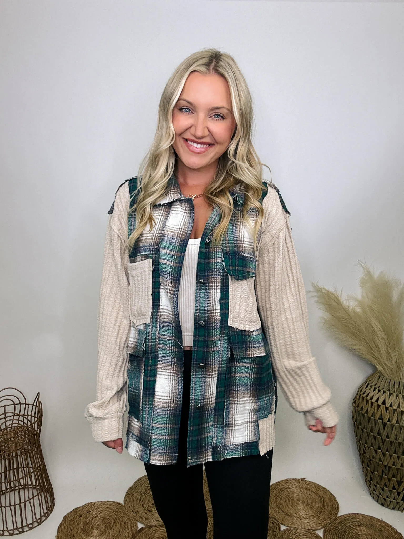 Long Sleeve Oversized Knit and Plaid Patchwork Shacket Top by POL Clothing