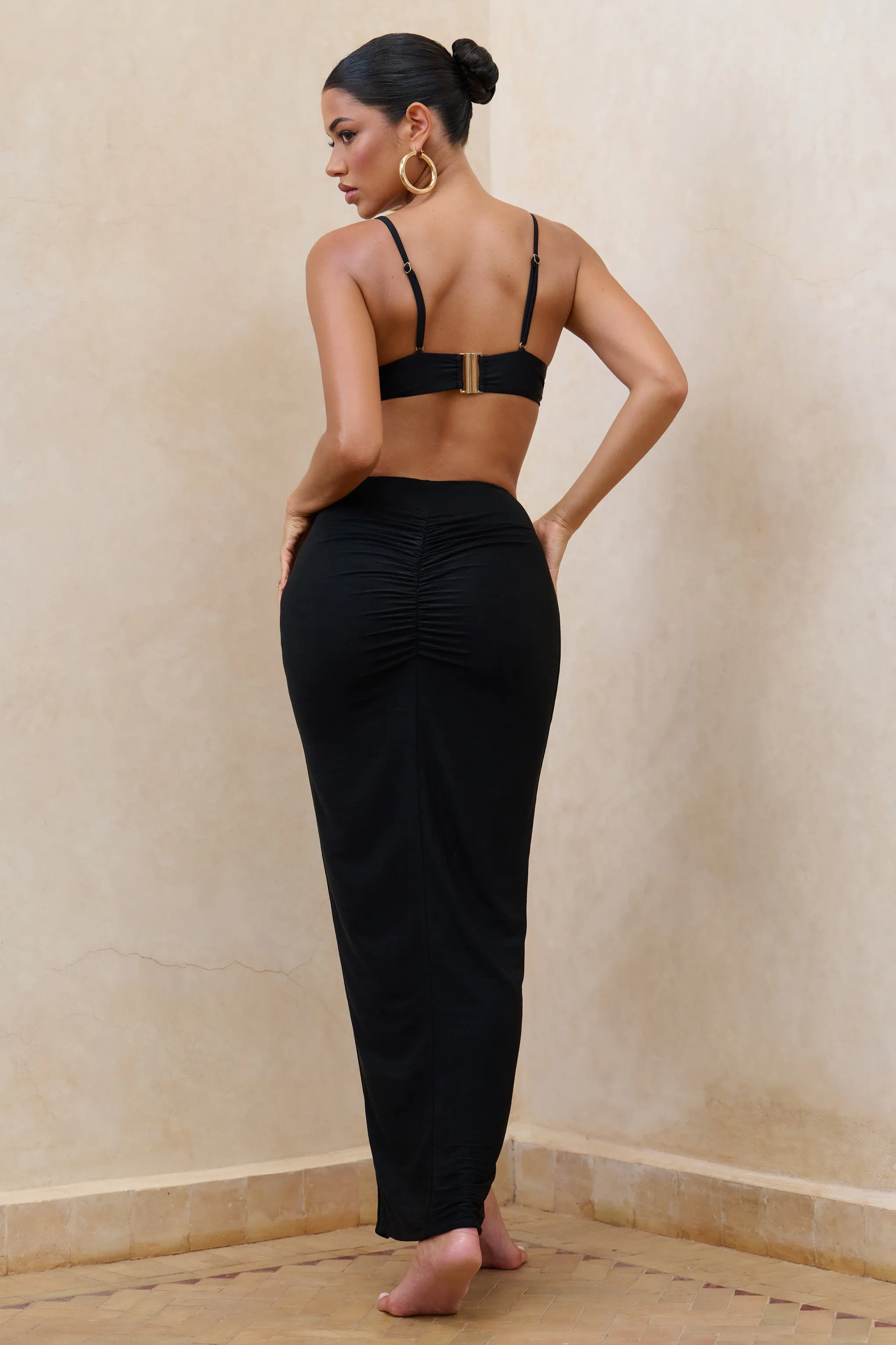 Longing | Black Ruched Chiffon Split Maxi Skirt With Drawstrings