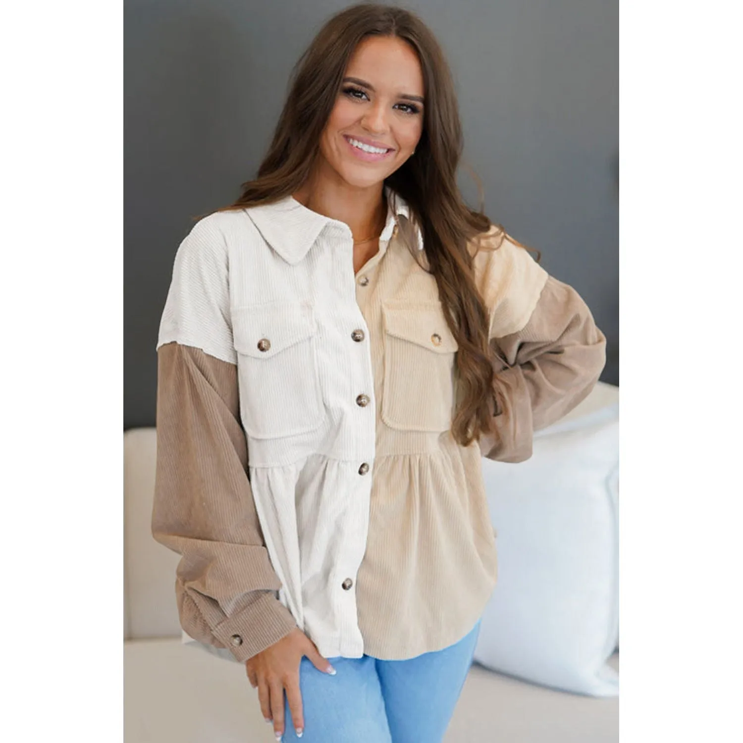 Looking to You Khaki Corduroy Colorblock Button up Loose Shacket