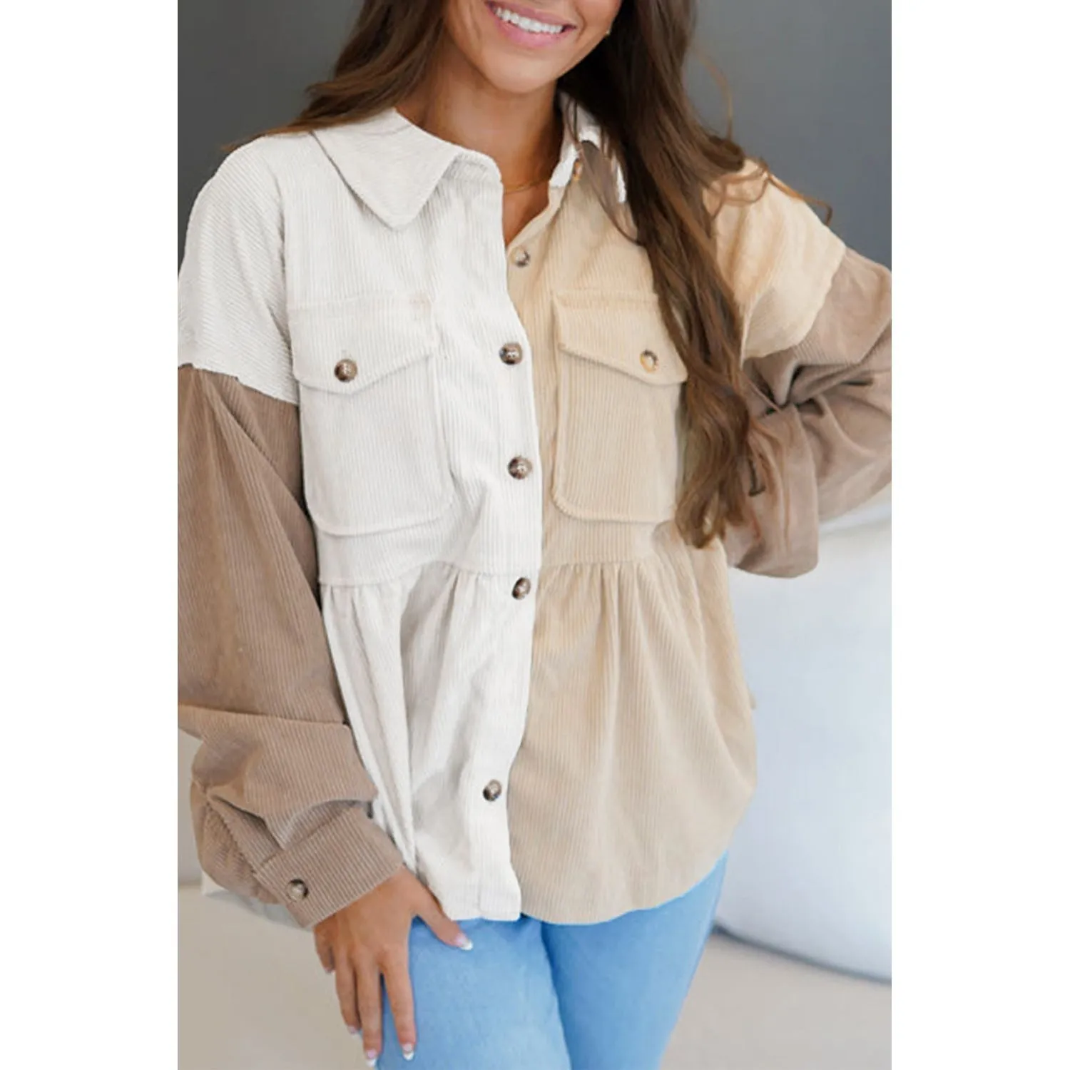 Looking to You Khaki Corduroy Colorblock Button up Loose Shacket