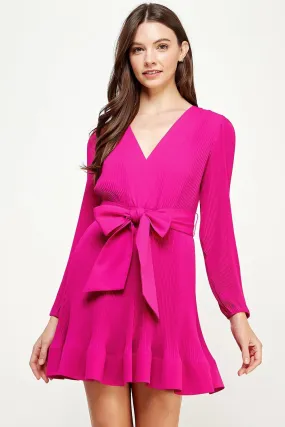 Magenta Pleated Waist Tie Dress