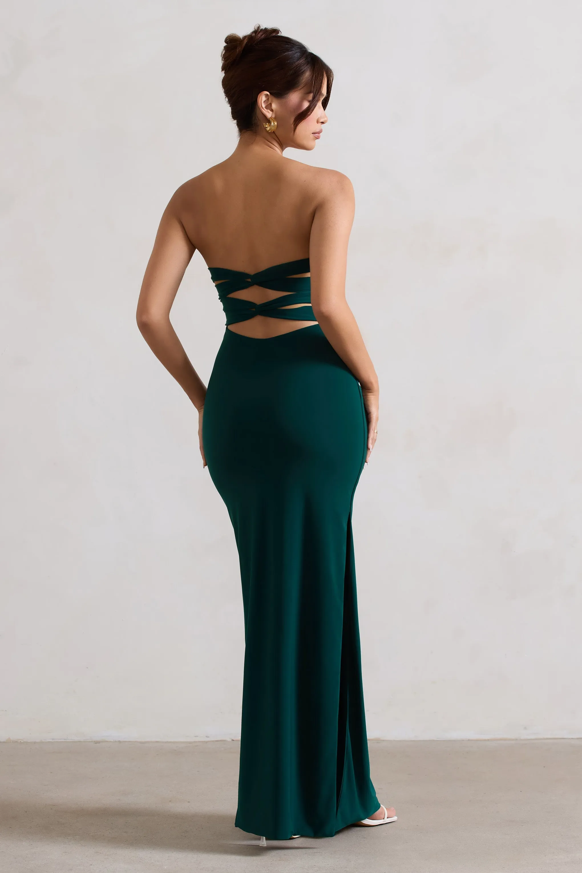 Manon | Bottle Green Sweetheart Bandeau Maxi Dress With Thigh Split