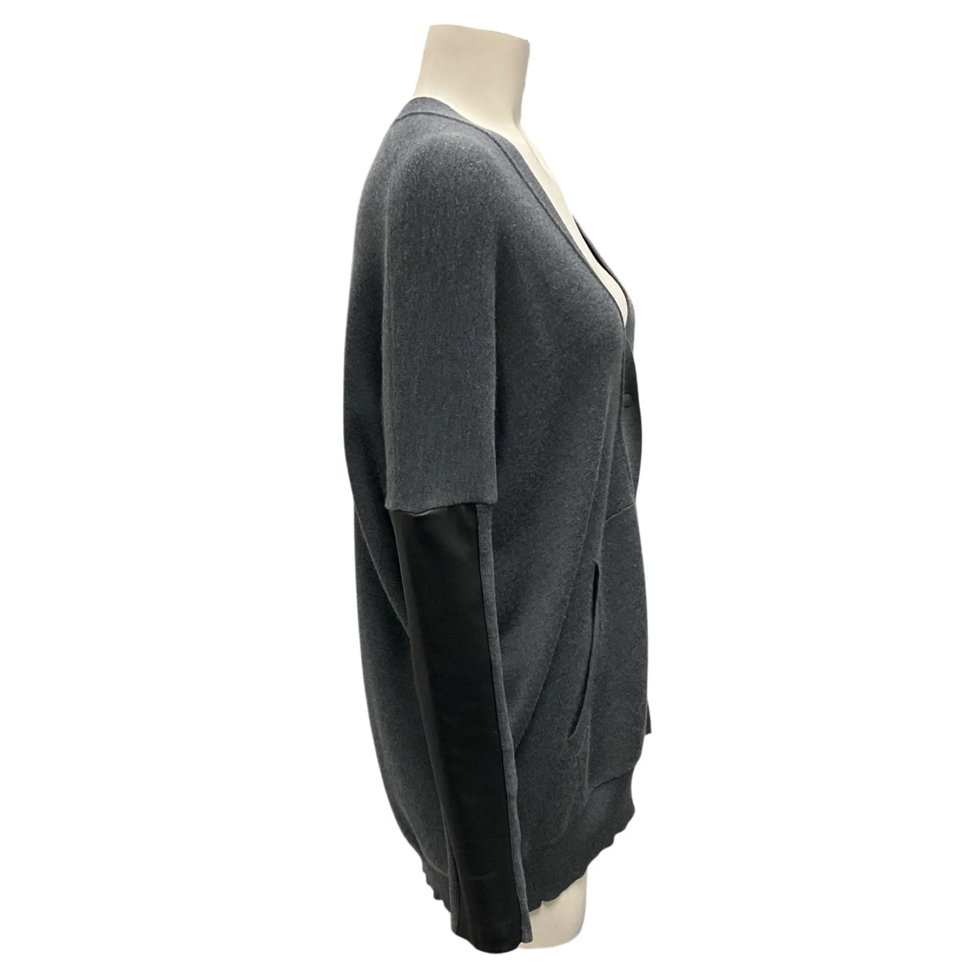 Manrico Cashmere Grey / Black Leather Trimmed Cashmere Knit Cardigan Sweater