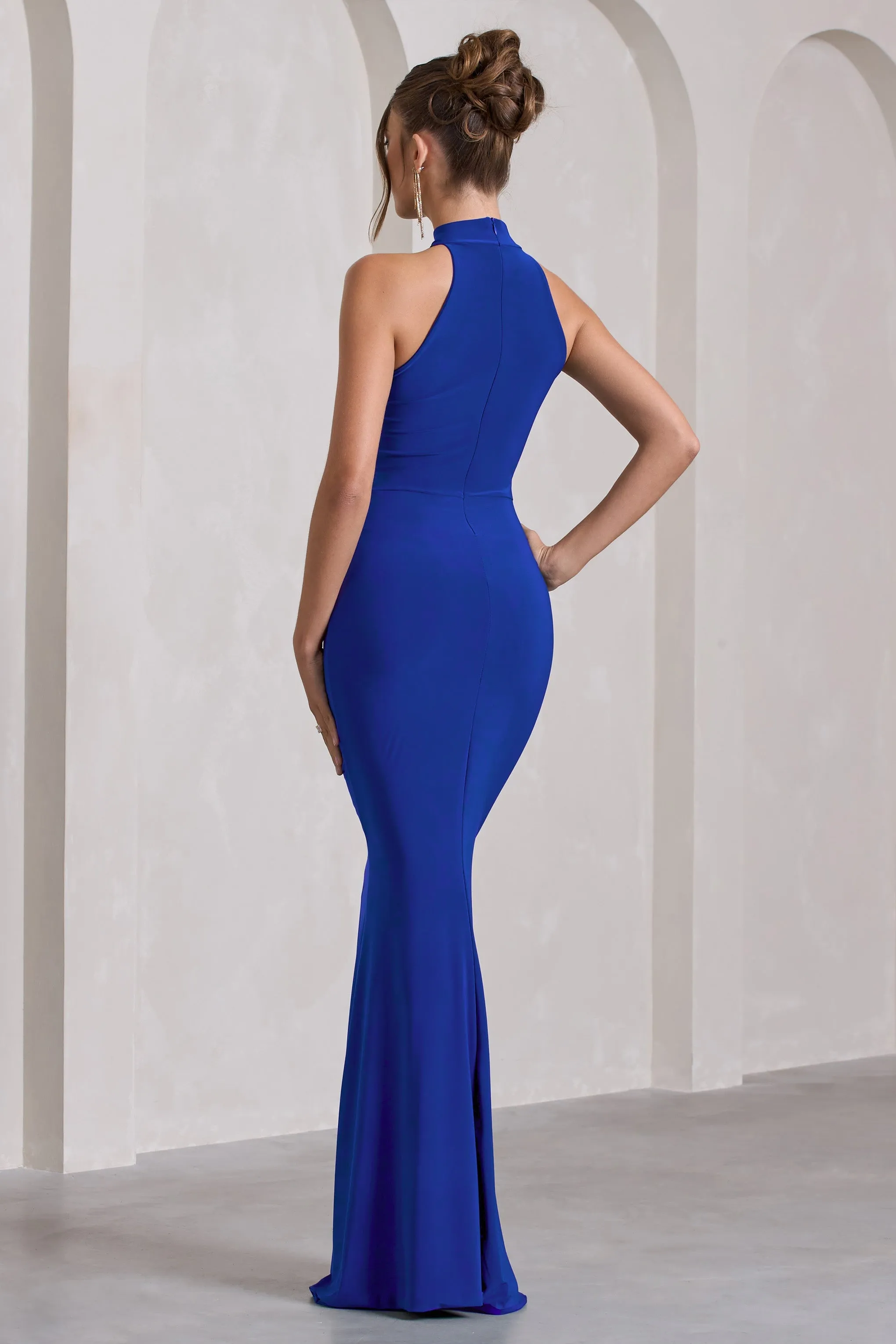 Memorable | Cobalt Blue Ruched High-Neck Split Fishtail Maxi Dress