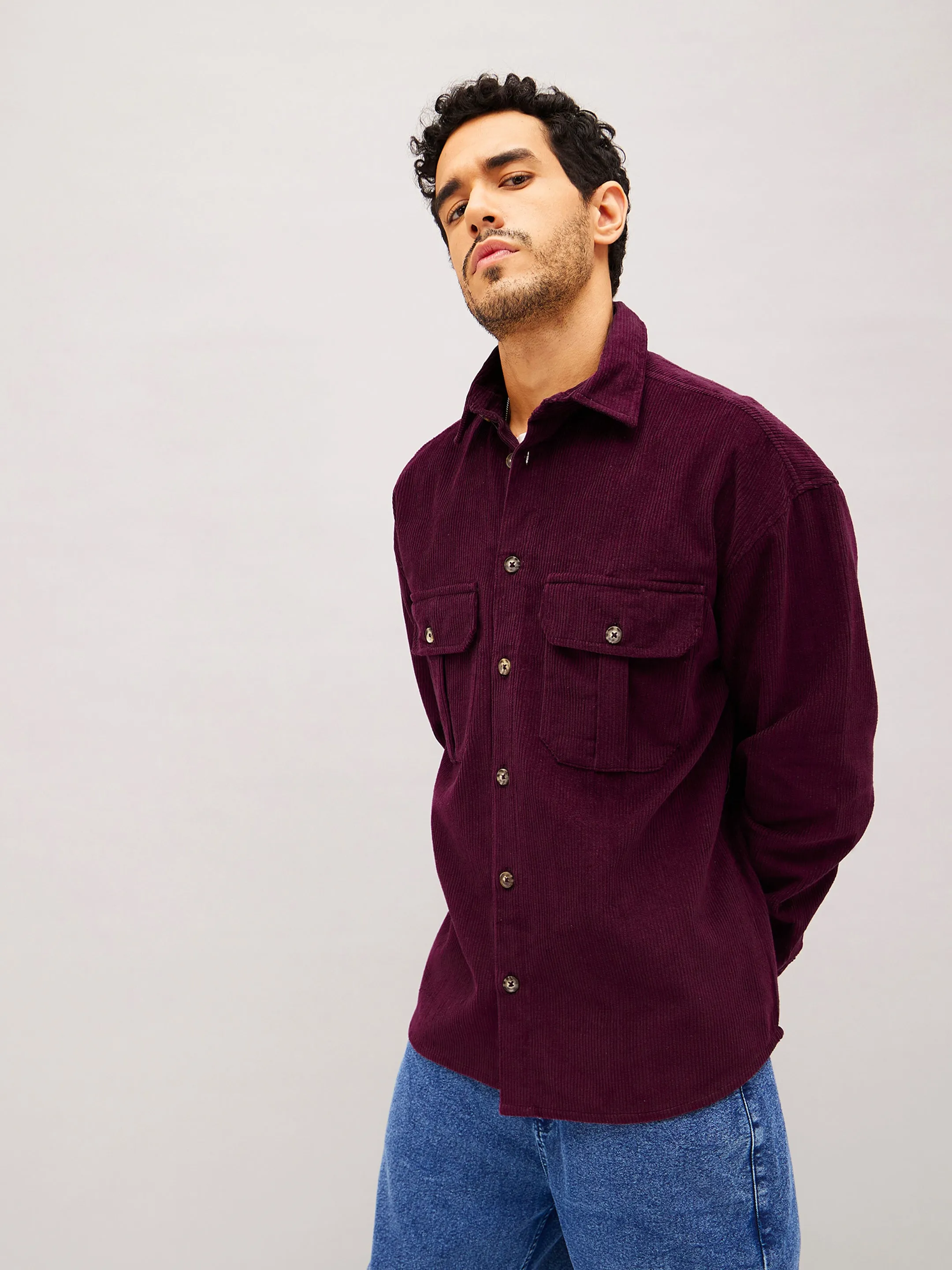 Men Maroon Corduroy Oversized Shacket