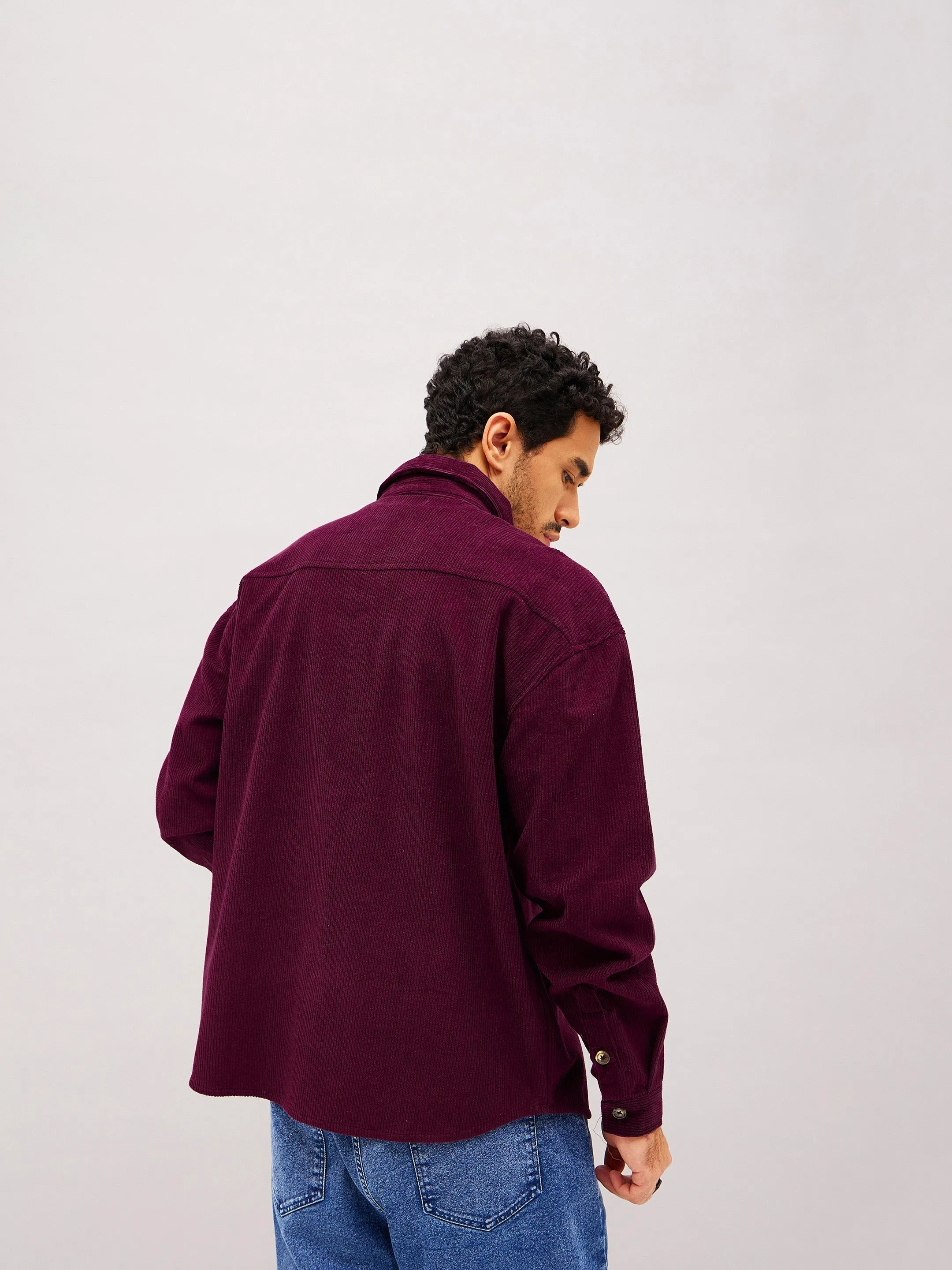 Men Maroon Corduroy Oversized Shacket