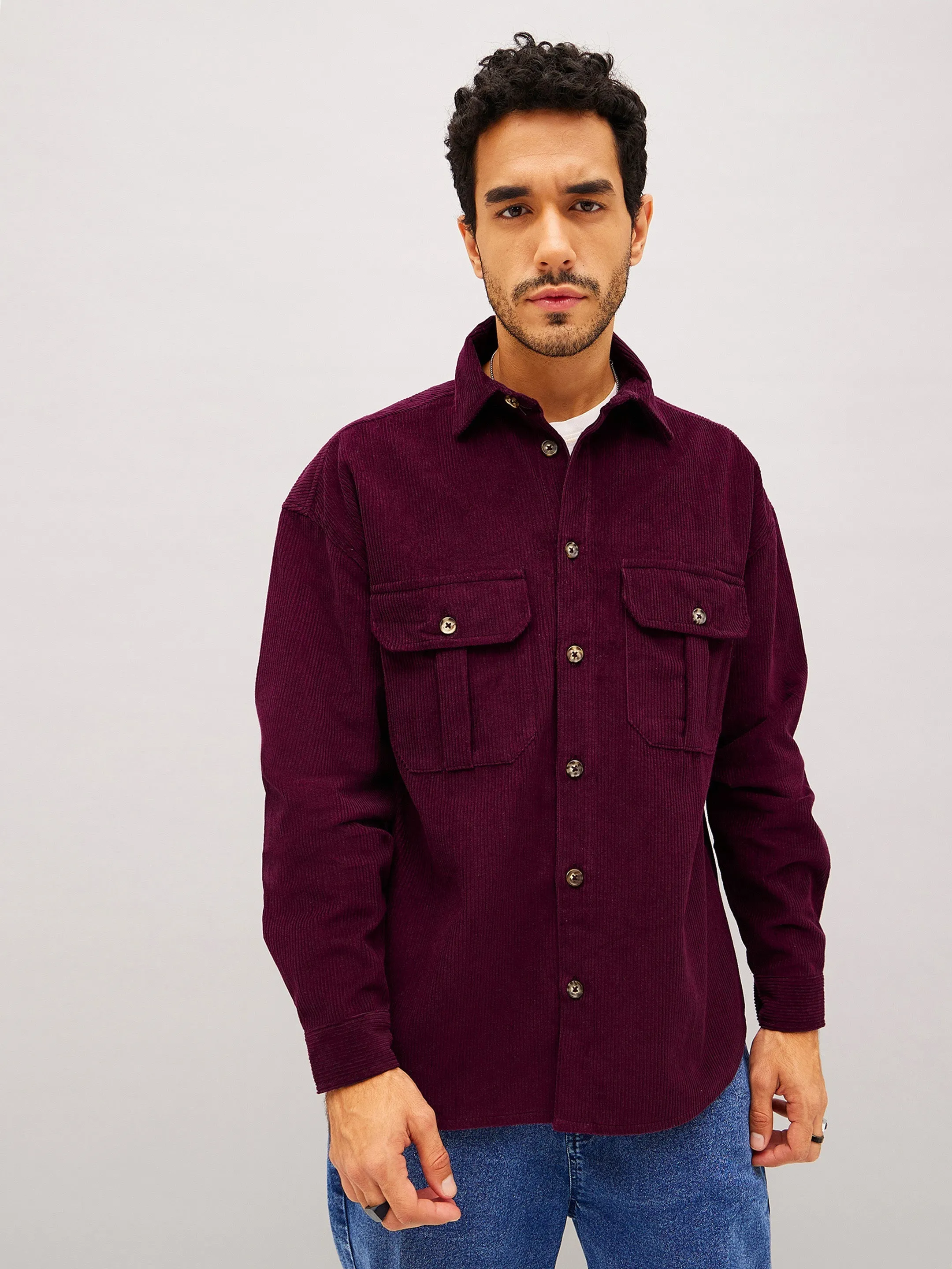 Men Maroon Corduroy Oversized Shacket