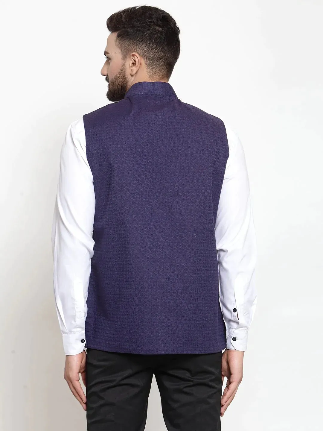 Men Navy-Blue Woven Design Nehru Jacket